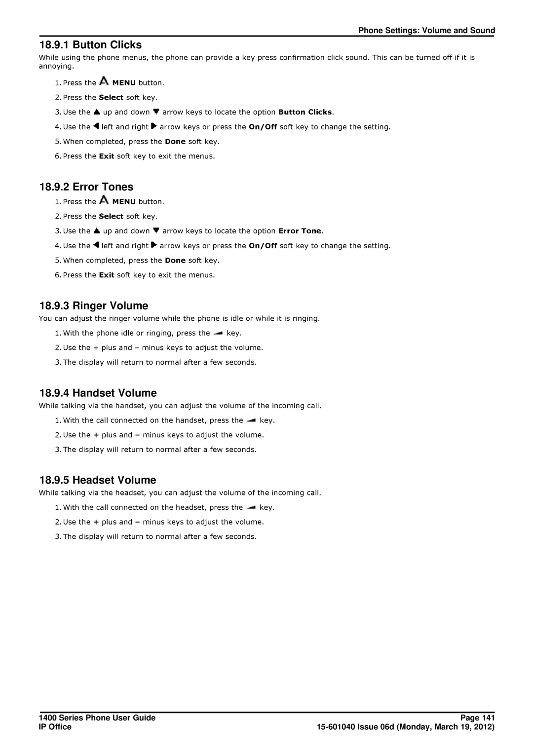 Avaya 15-601040 manual Button Clicks, Error Tones, Handset Volume, Headset Volume 