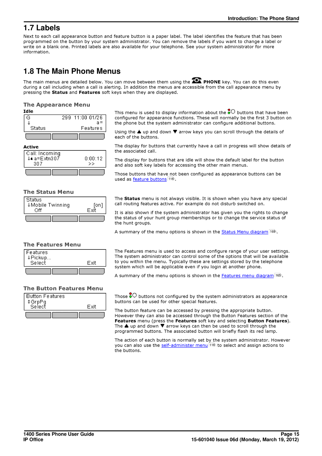 Avaya 15-601040 manual Labels, Main Phone Menus 