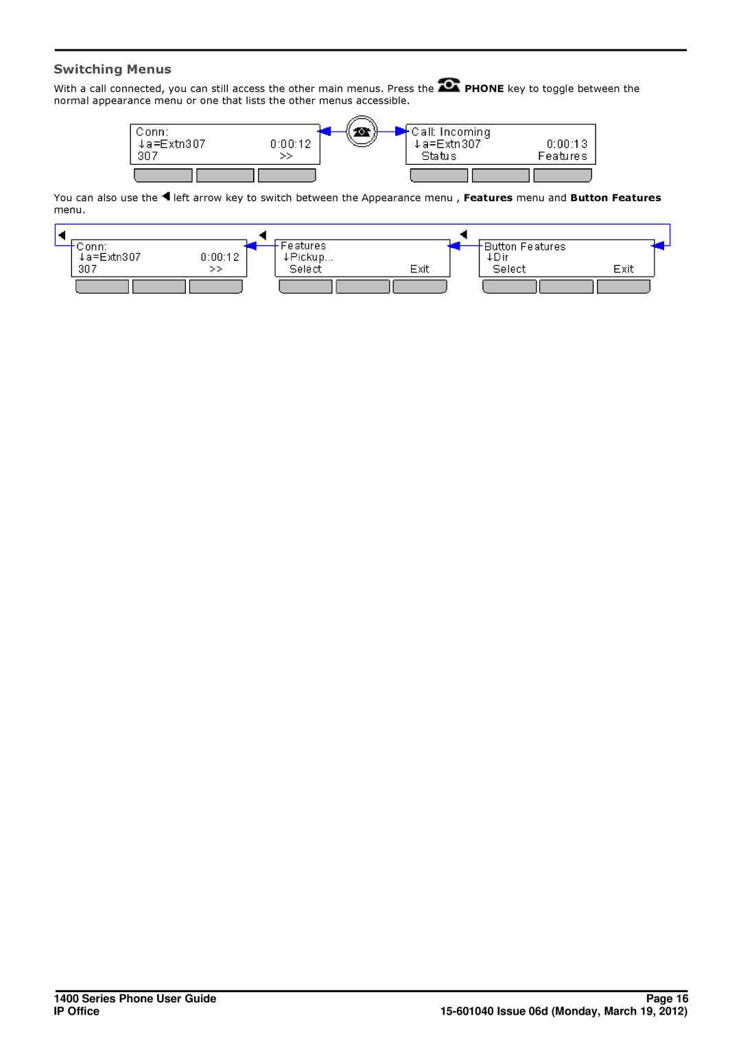 Avaya 15-601040 manual Switching Menus 