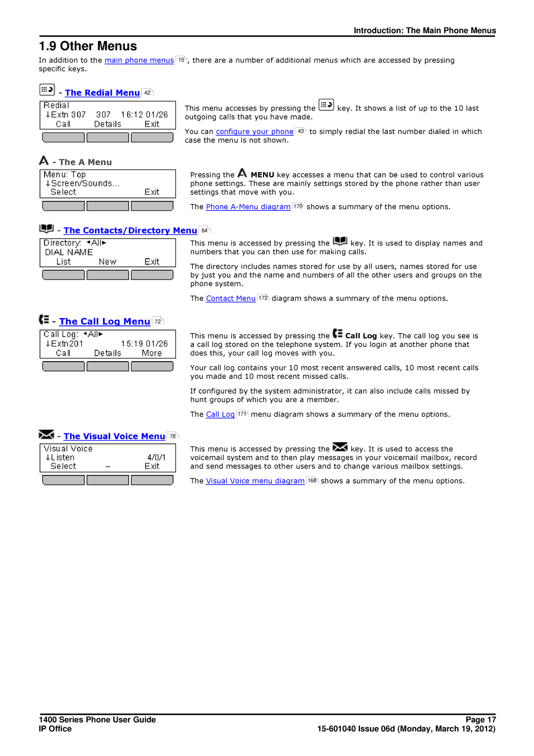 Avaya 15-601040 manual Other Menus, Redial Menu 