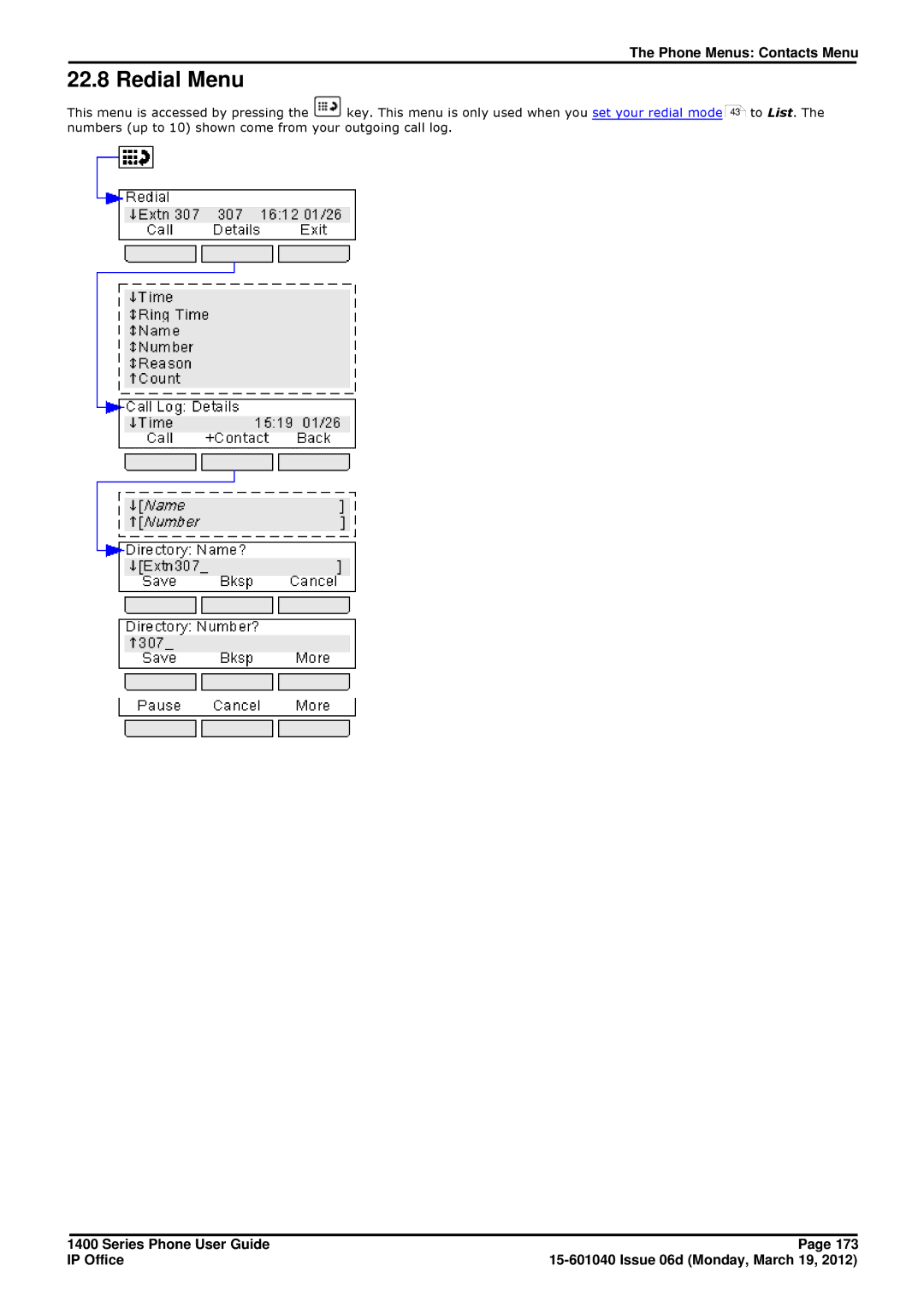 Avaya 15-601040 manual Redial Menu 