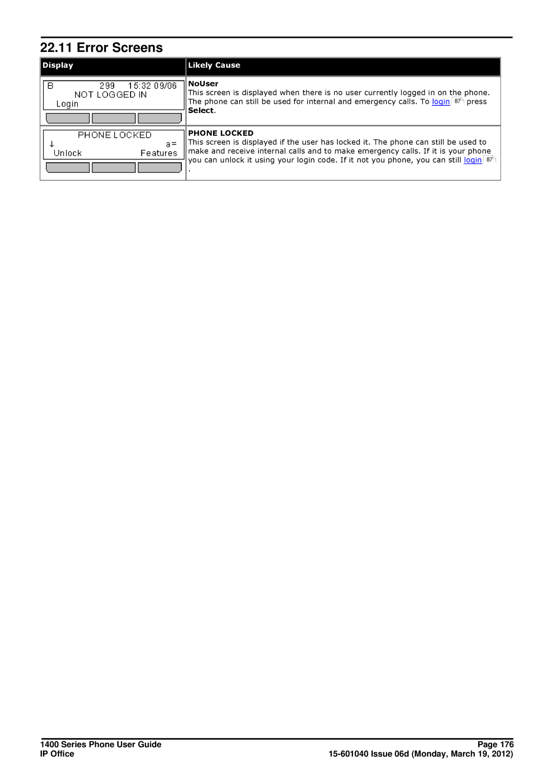 Avaya 15-601040 manual Error Screens, NoUser 