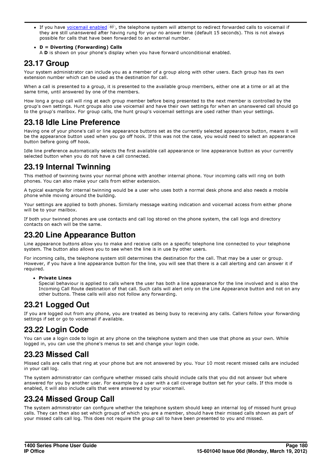 Avaya 15-601040 manual Group, Idle Line Preference, Internal Twinning, Line Appearance Button, Logged Out, Login Code 