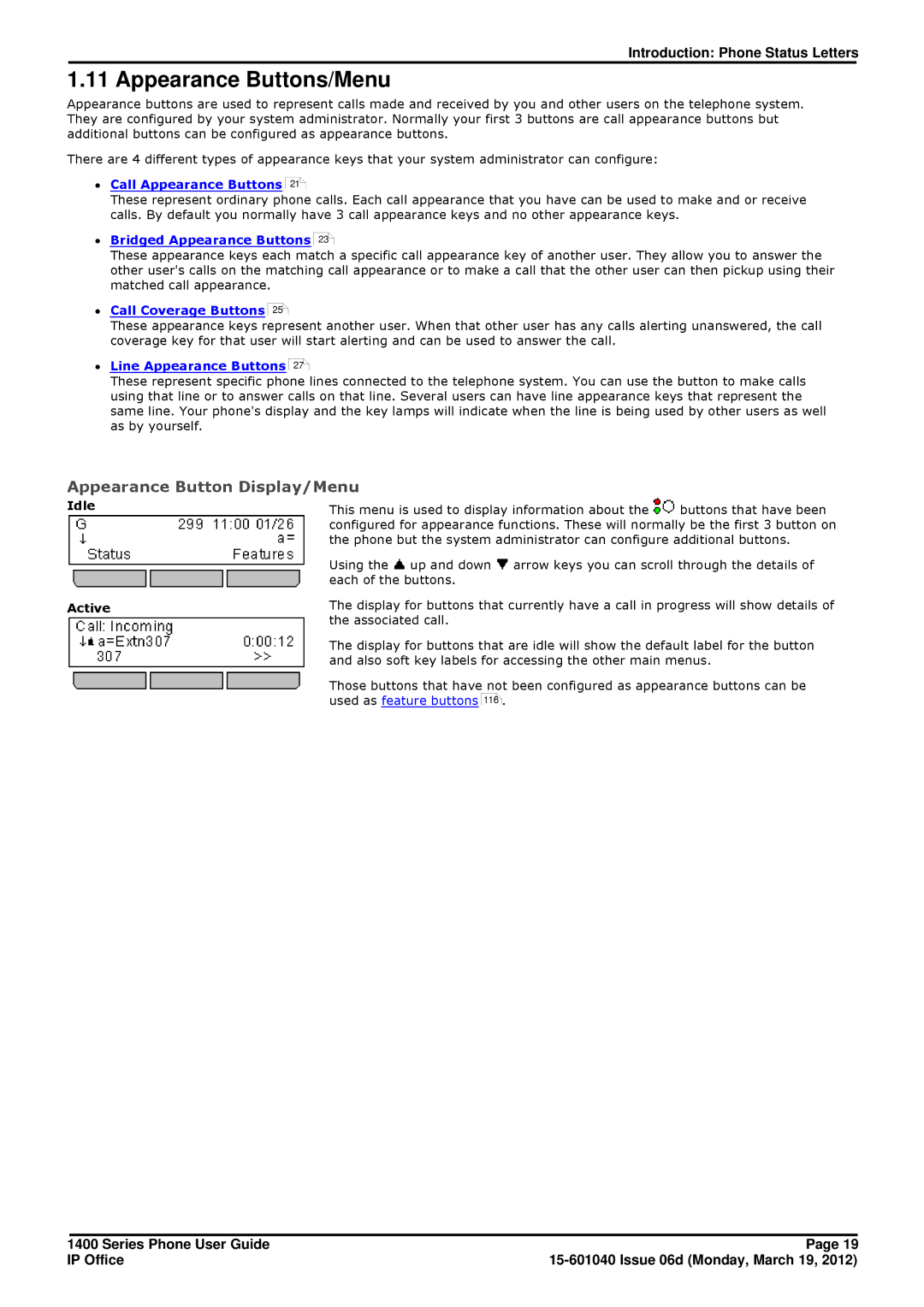 Avaya 15-601040 manual Appearance Buttons/Menu, Appearance Button Display/Menu 