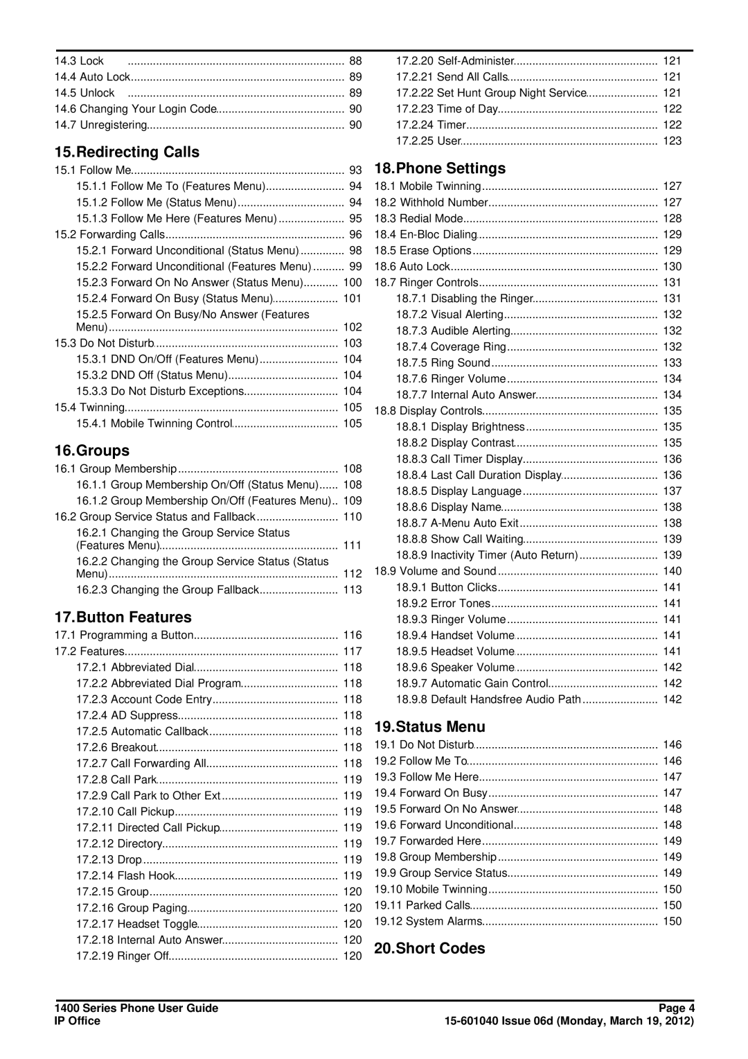 Avaya 15-601040 manual Redirecting Calls, Groups, Button Features, Phone Settings, Status Menu, Short Codes 