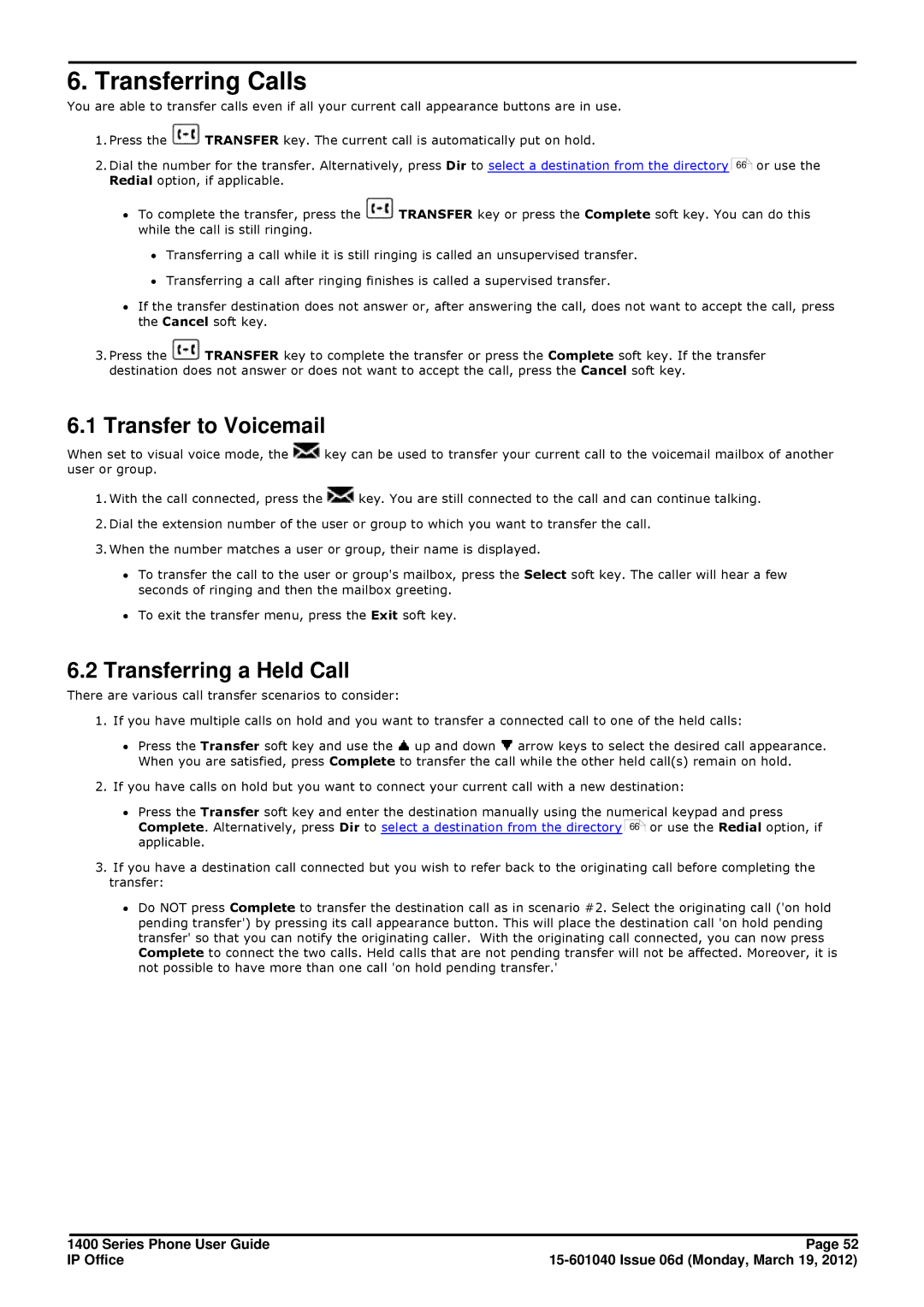 Avaya 15-601040 manual Transferring Calls, Transfer to Voicemail, Transferring a Held Call 