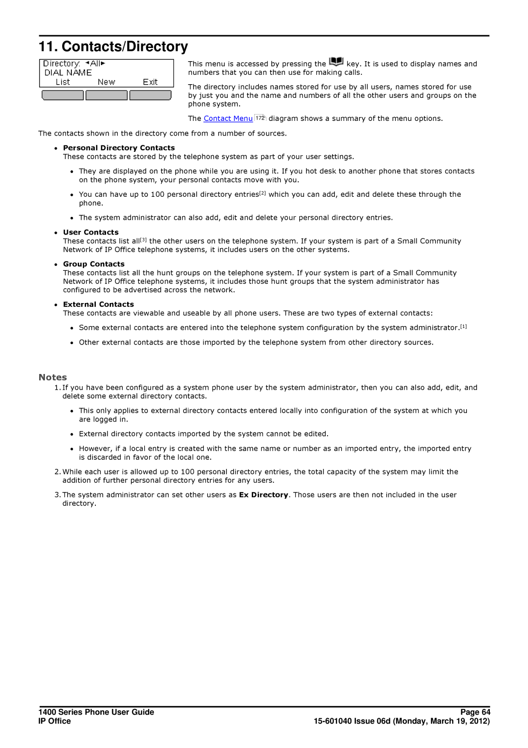 Avaya 15-601040 Contacts/Directory, ∙ Personal Directory Contacts, ∙ User Contacts, ∙ Group Contacts, ∙ External Contacts 