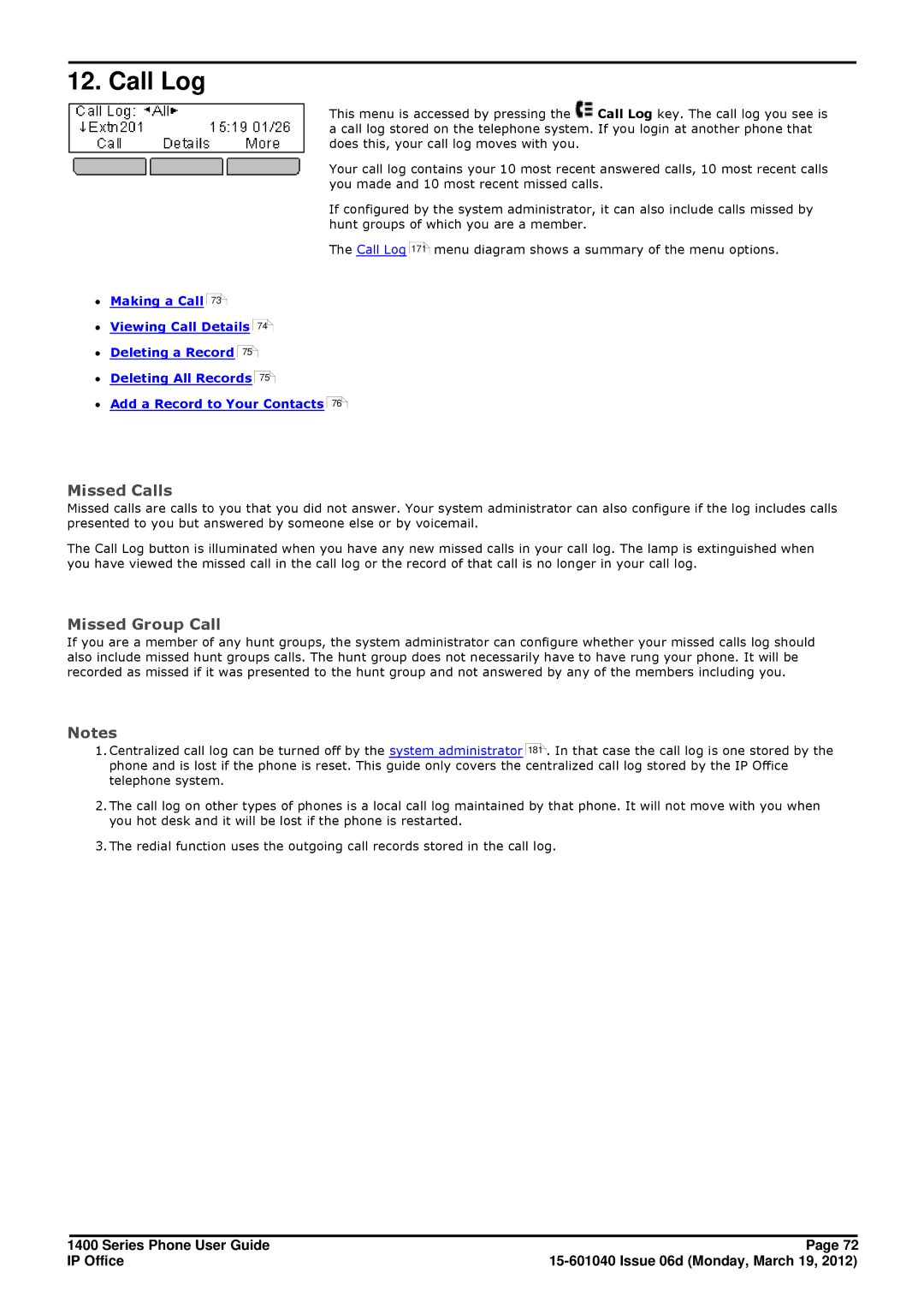 Avaya 15-601040 manual Call Log, Missed Calls, Missed Group Call 