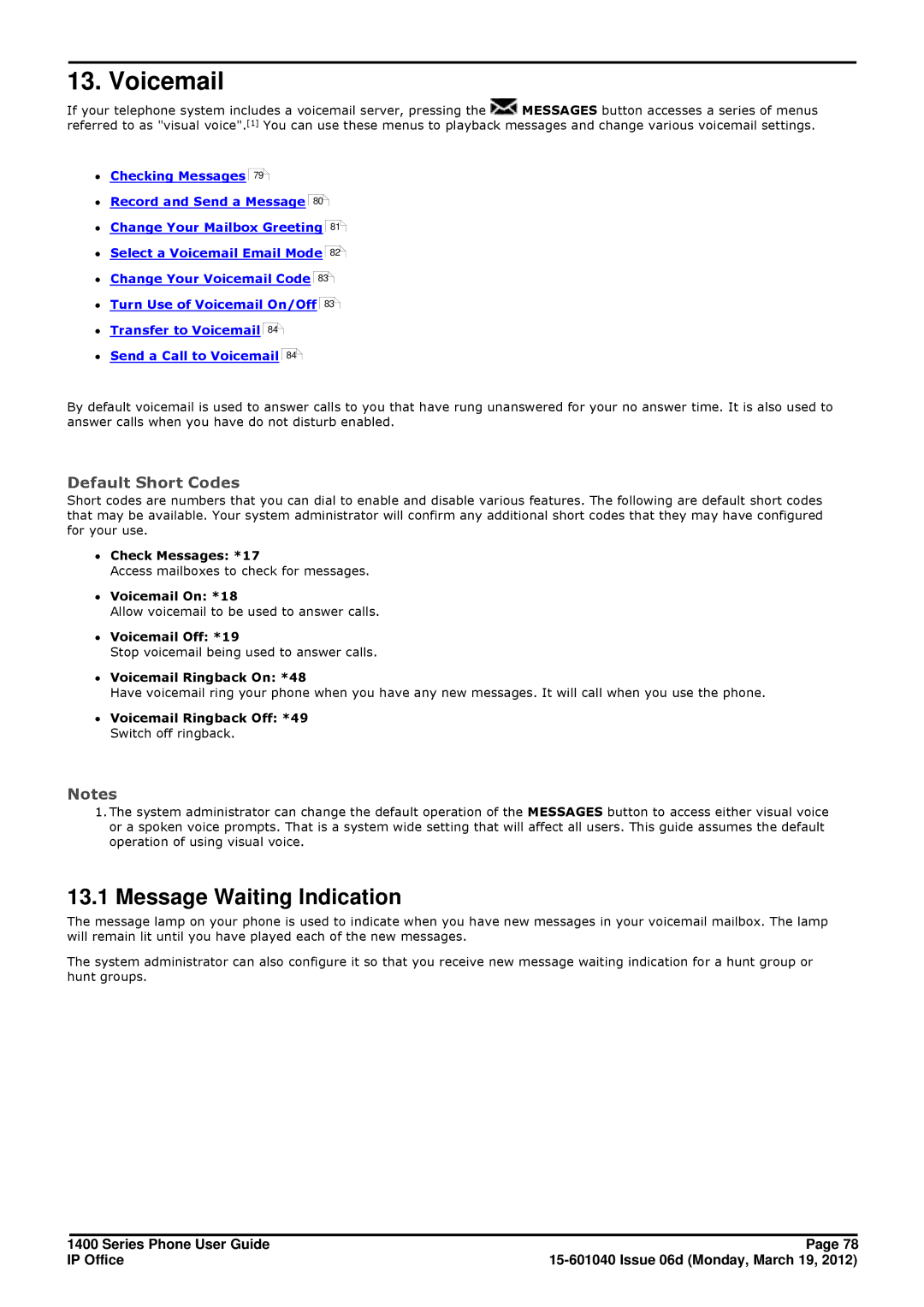 Avaya 15-601040 manual Voicemail, Message Waiting Indication 