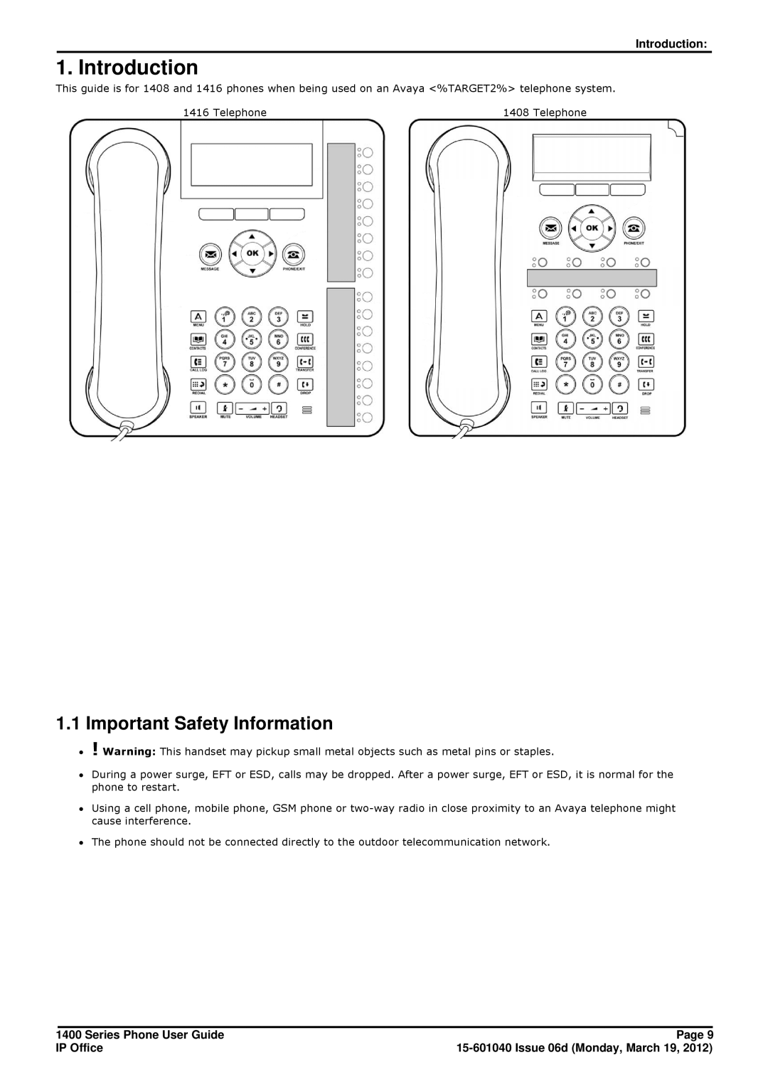 Avaya 15-601040 manual Introduction, Important Safety Information 