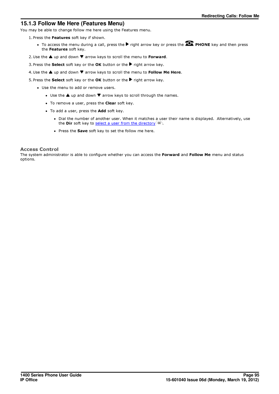 Avaya 15-601040 manual Follow Me Here Features Menu 