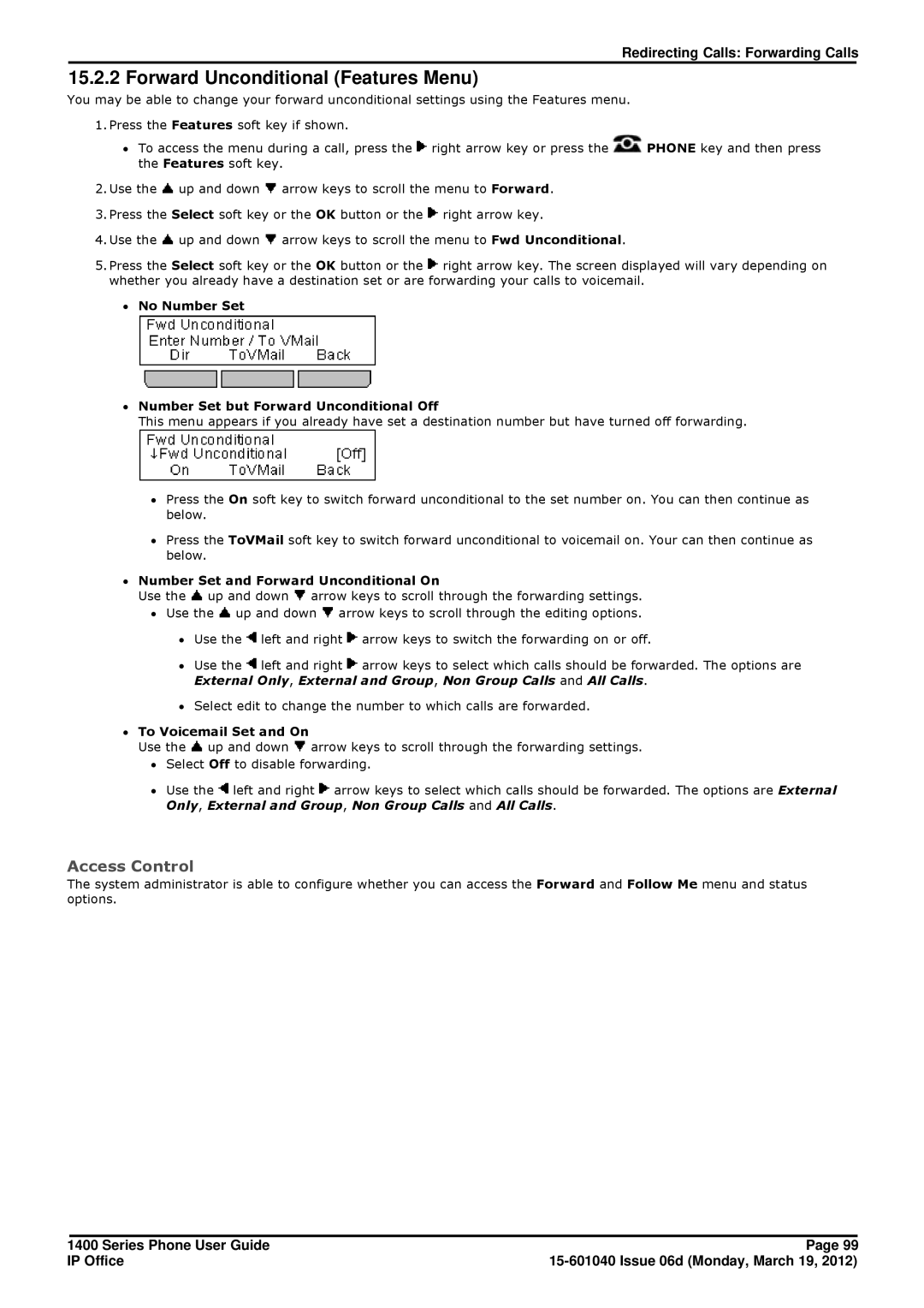 Avaya 15-601040 manual Forward Unconditional Features Menu, ∙ No Number Set ∙ Number Set but Forward Unconditional Off 