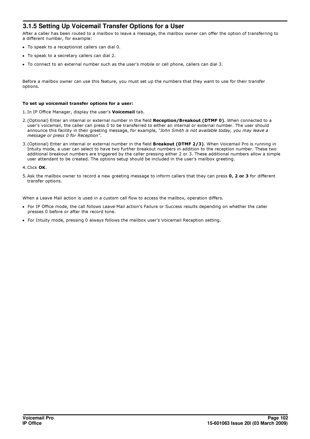 Avaya 15-601063 manual Setting Up Voicemail Transfer Options for a User, To set up voicemail transfer options for a user 