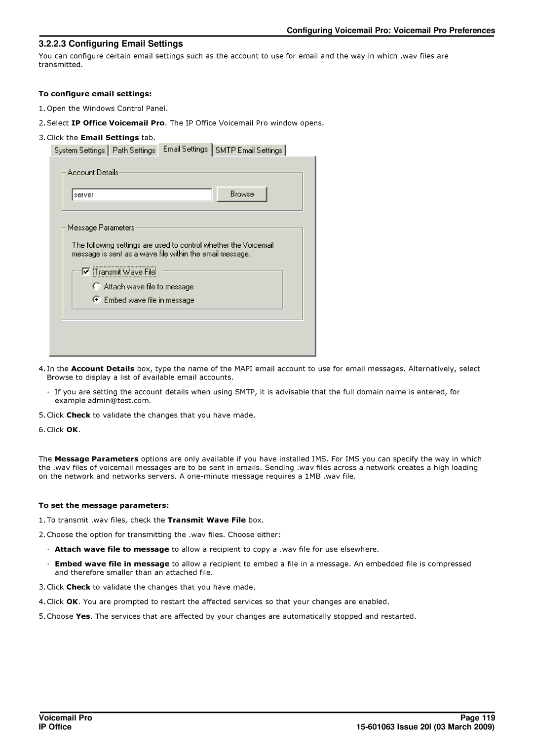 Avaya 15-601063 manual Configuring Email Settings, To configure email settings, To set the message parameters 