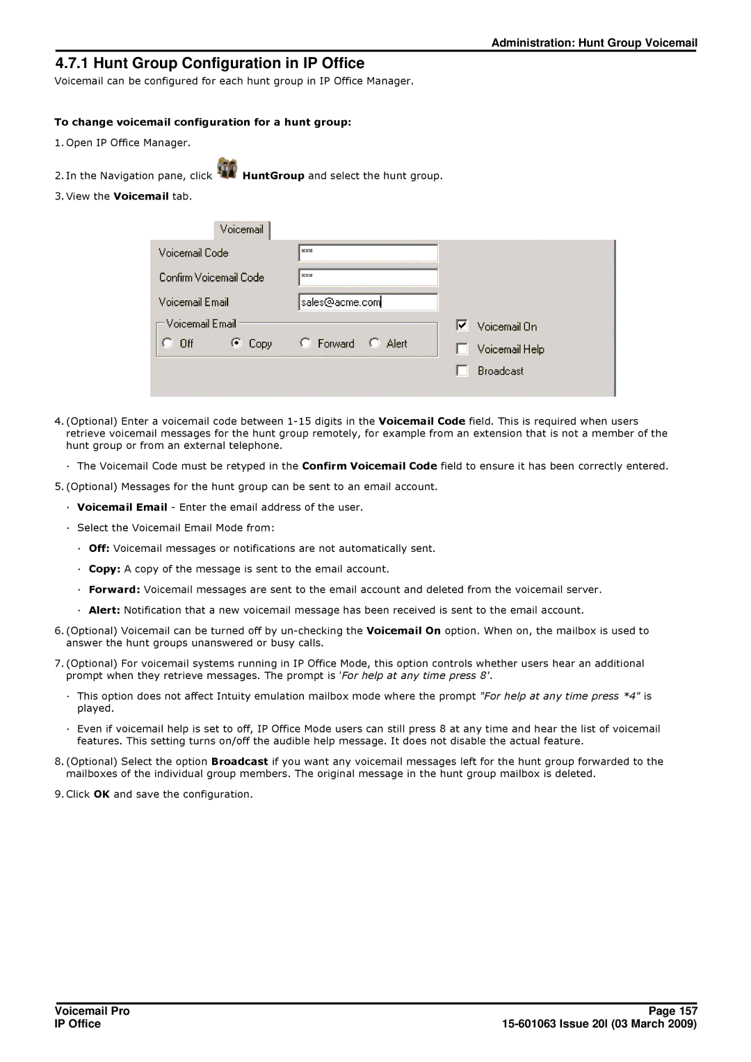 Avaya 15-601063 manual Hunt Group Configuration in IP Office, To change voicemail configuration for a hunt group 