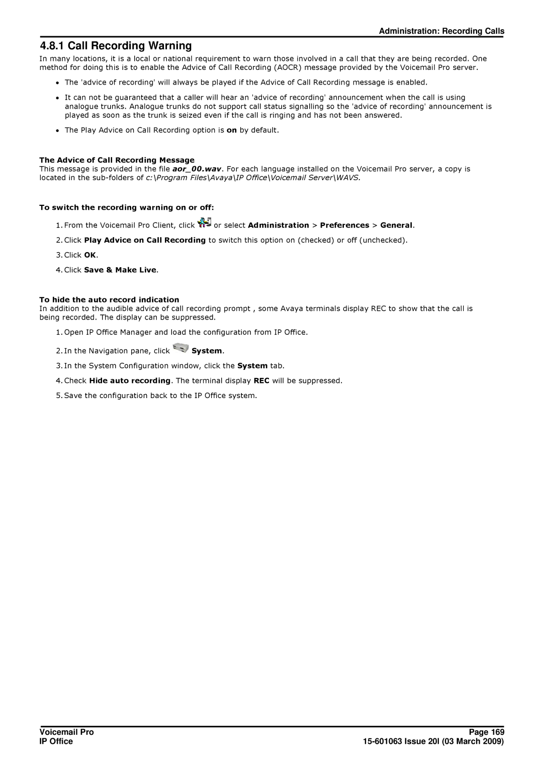 Avaya 15-601063 manual Call Recording Warning, Advice of Call Recording Message, To switch the recording warning on or off 