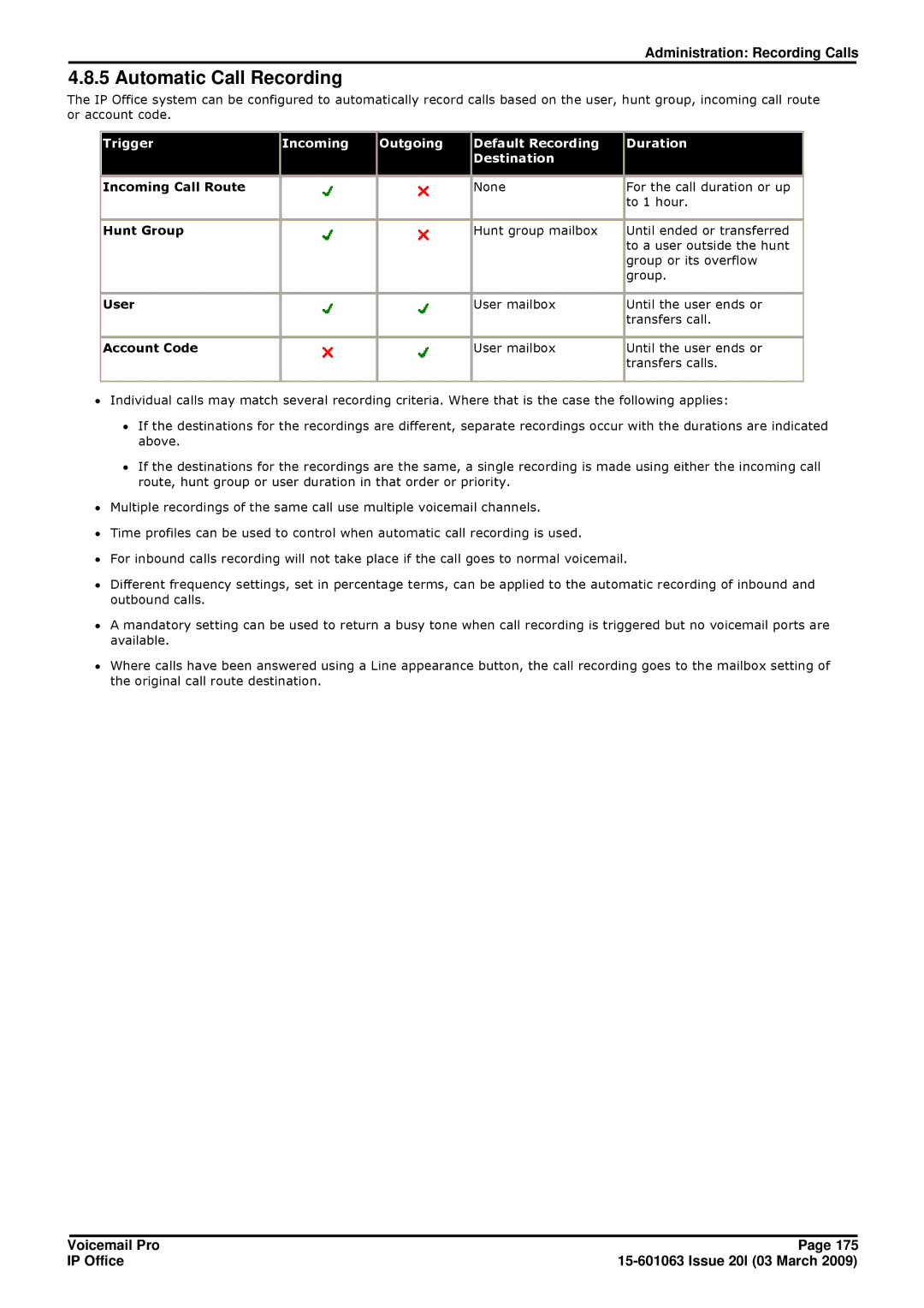 Avaya 15-601063 manual Automatic Call Recording, Incoming Call Route, Hunt Group, User, Account Code 