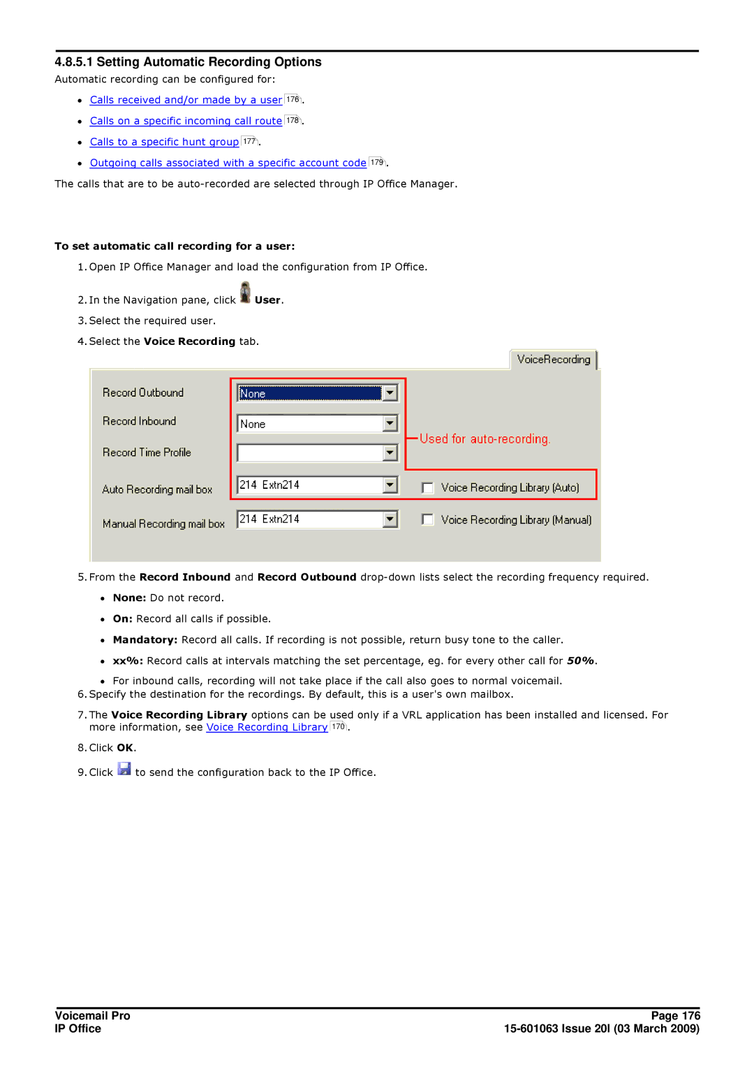 Avaya 15-601063 manual Setting Automatic Recording Options, To set automatic call recording for a user 