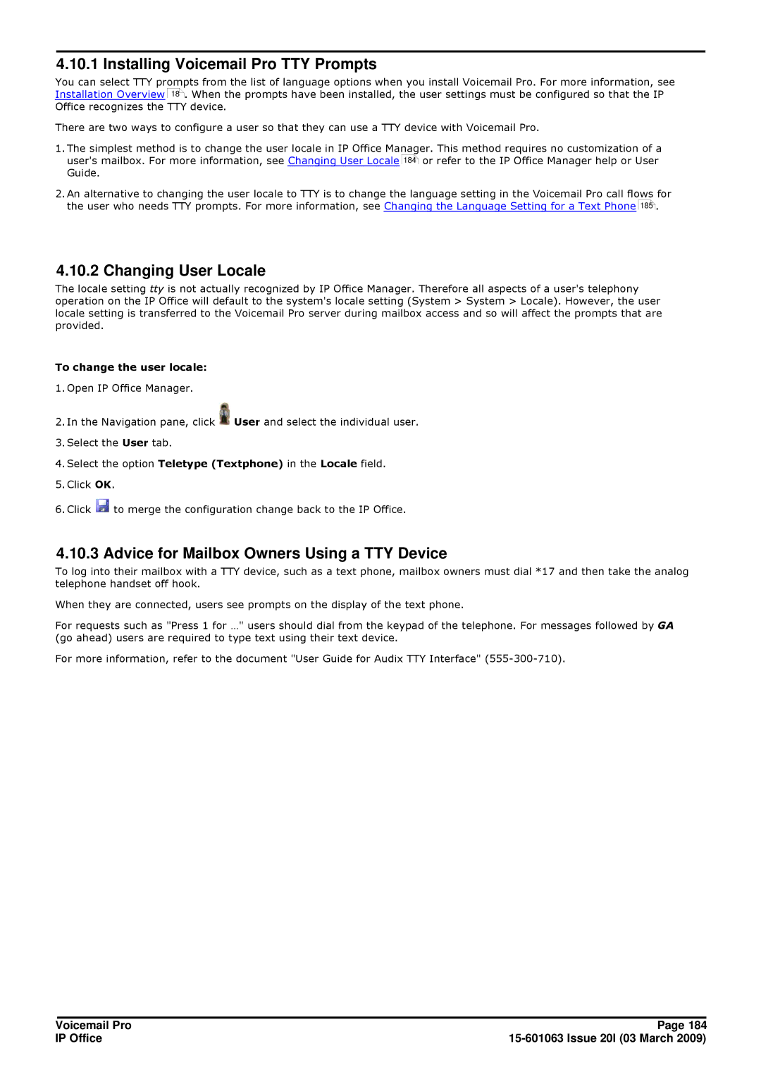 Avaya 15-601063 Installing Voicemail Pro TTY Prompts, Changing User Locale, Advice for Mailbox Owners Using a TTY Device 