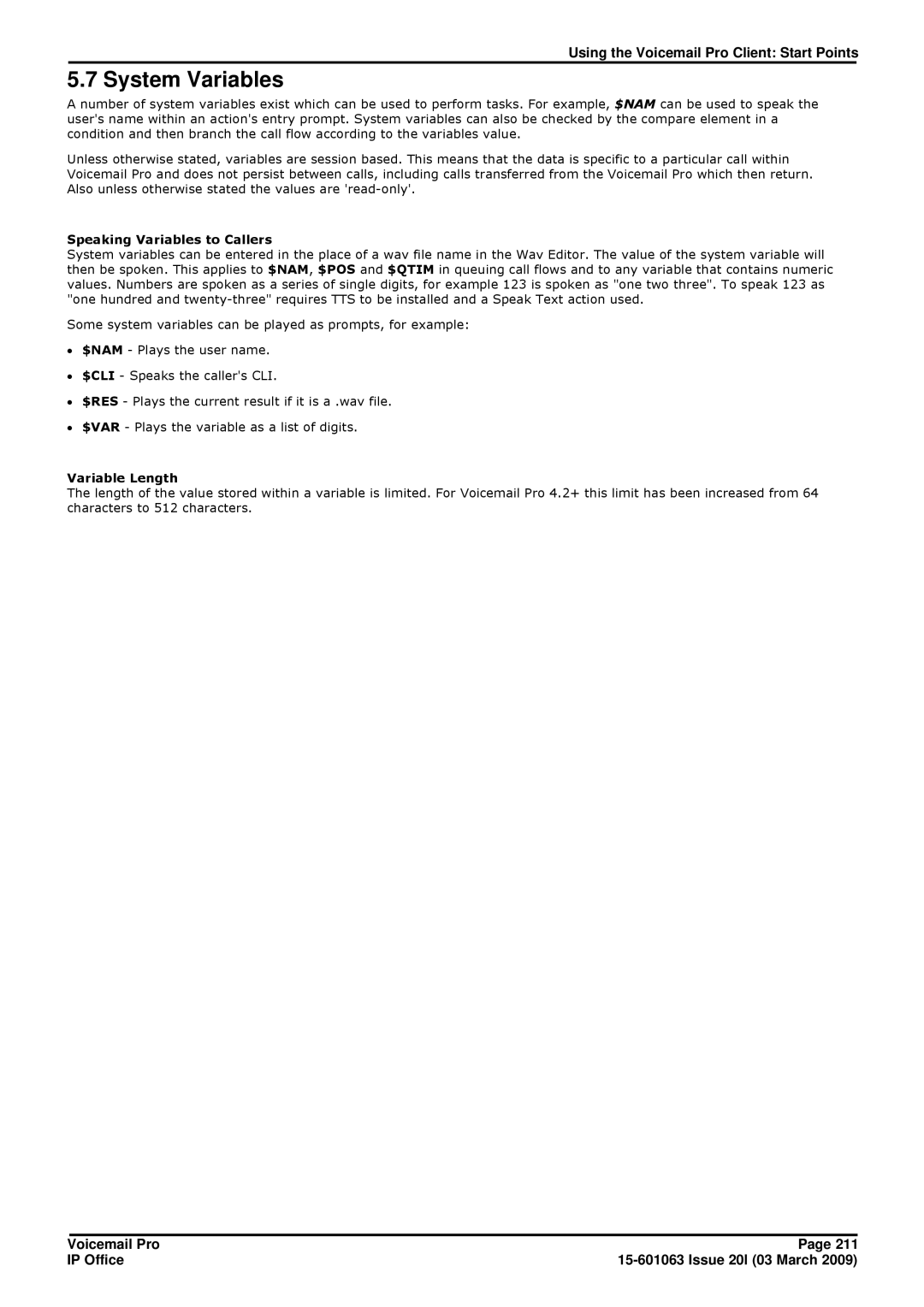 Avaya 15-601063 manual System Variables, Speaking Variables to Callers, Variable Length 