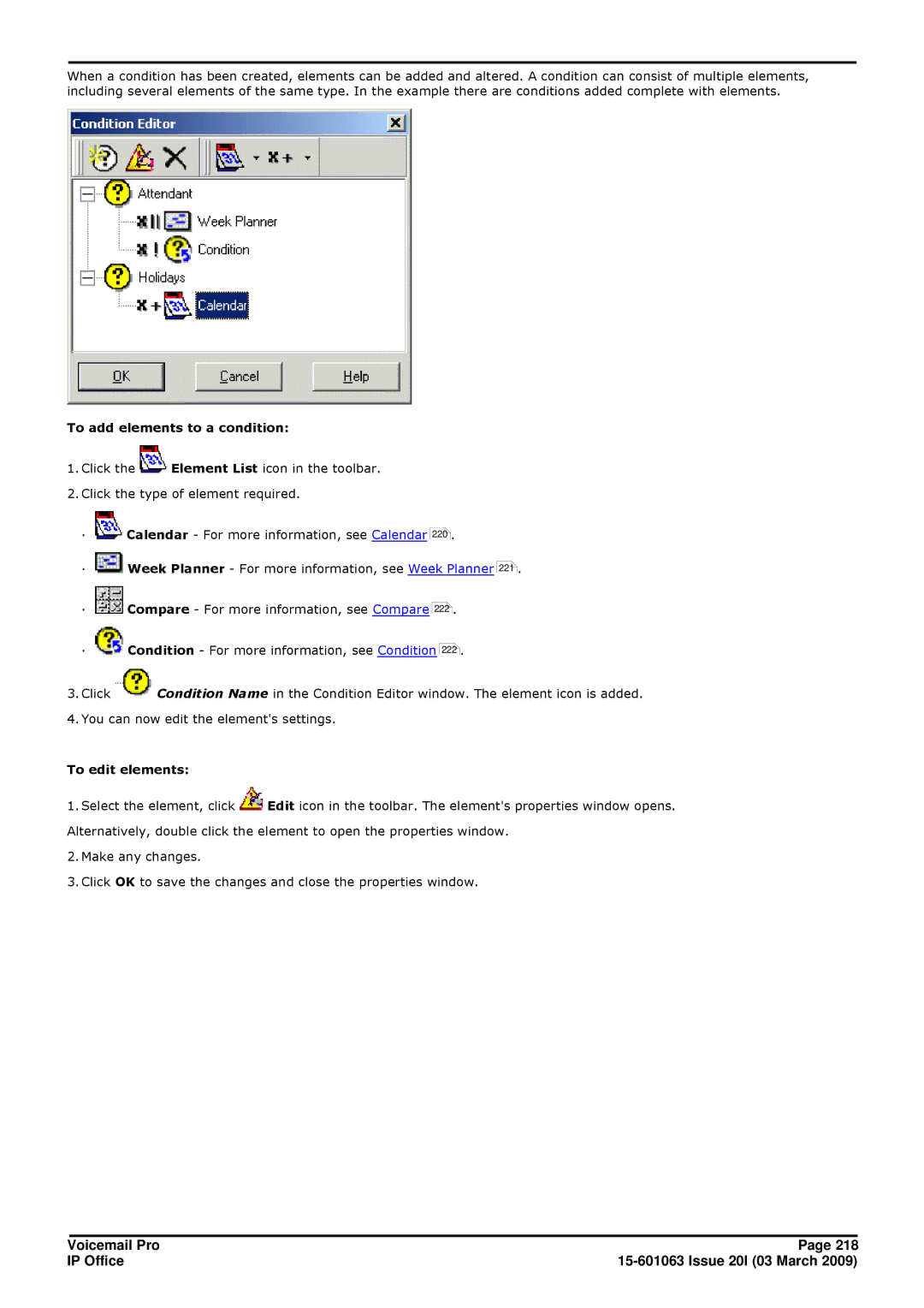 Avaya 15-601063 manual To add elements to a condition, To edit elements 