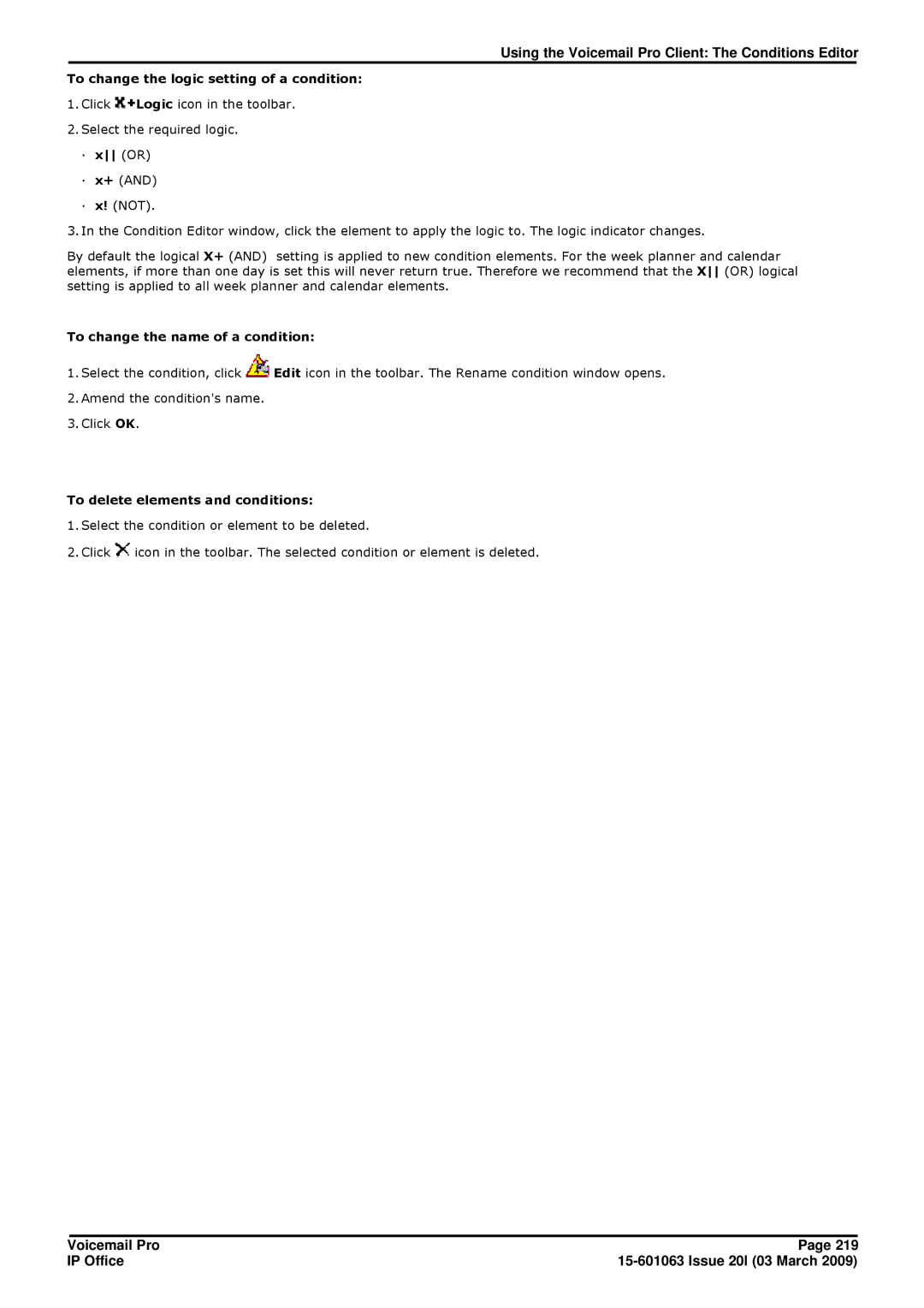 Avaya 15-601063 manual To change the logic setting of a condition, · x or, To change the name of a condition 
