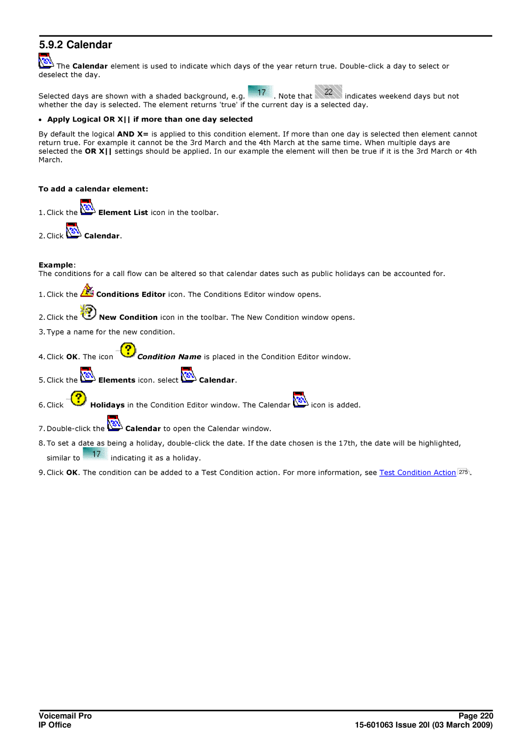 Avaya 15-601063 manual Calendar, ∙ Apply Logical or X if more than one day selected, To add a calendar element 