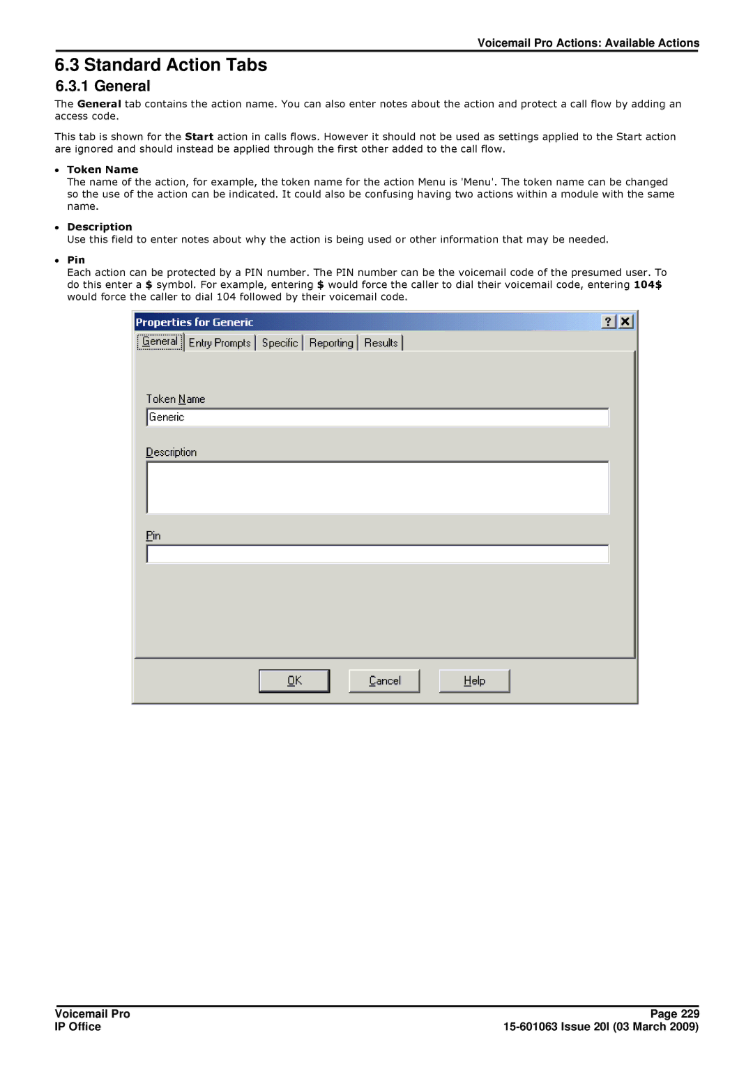 Avaya 15-601063 manual Standard Action Tabs, General, ∙ Token Name, ∙ Description, ∙ Pin 