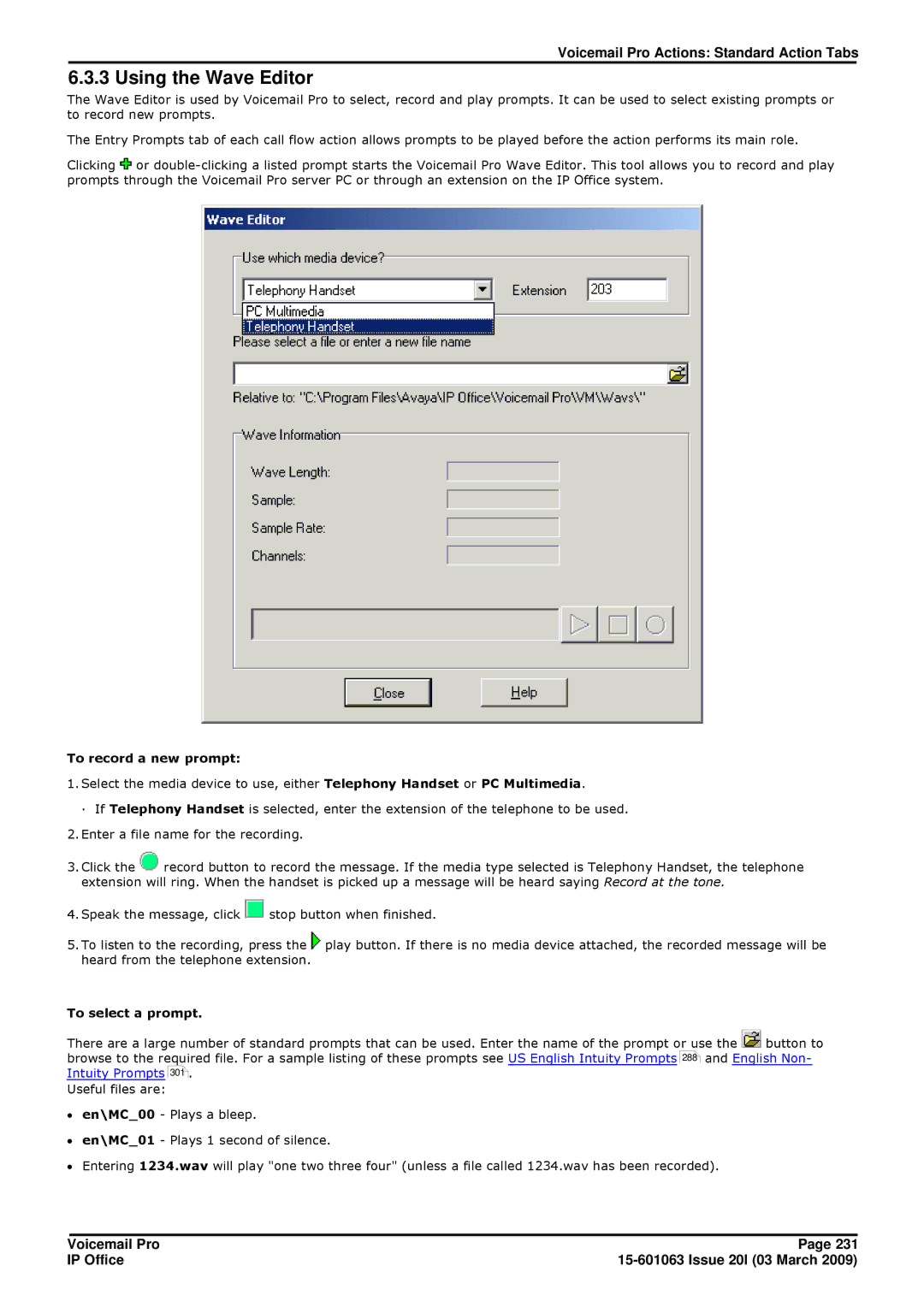 Avaya 15-601063 manual Using the Wave Editor, To record a new prompt, To select a prompt 