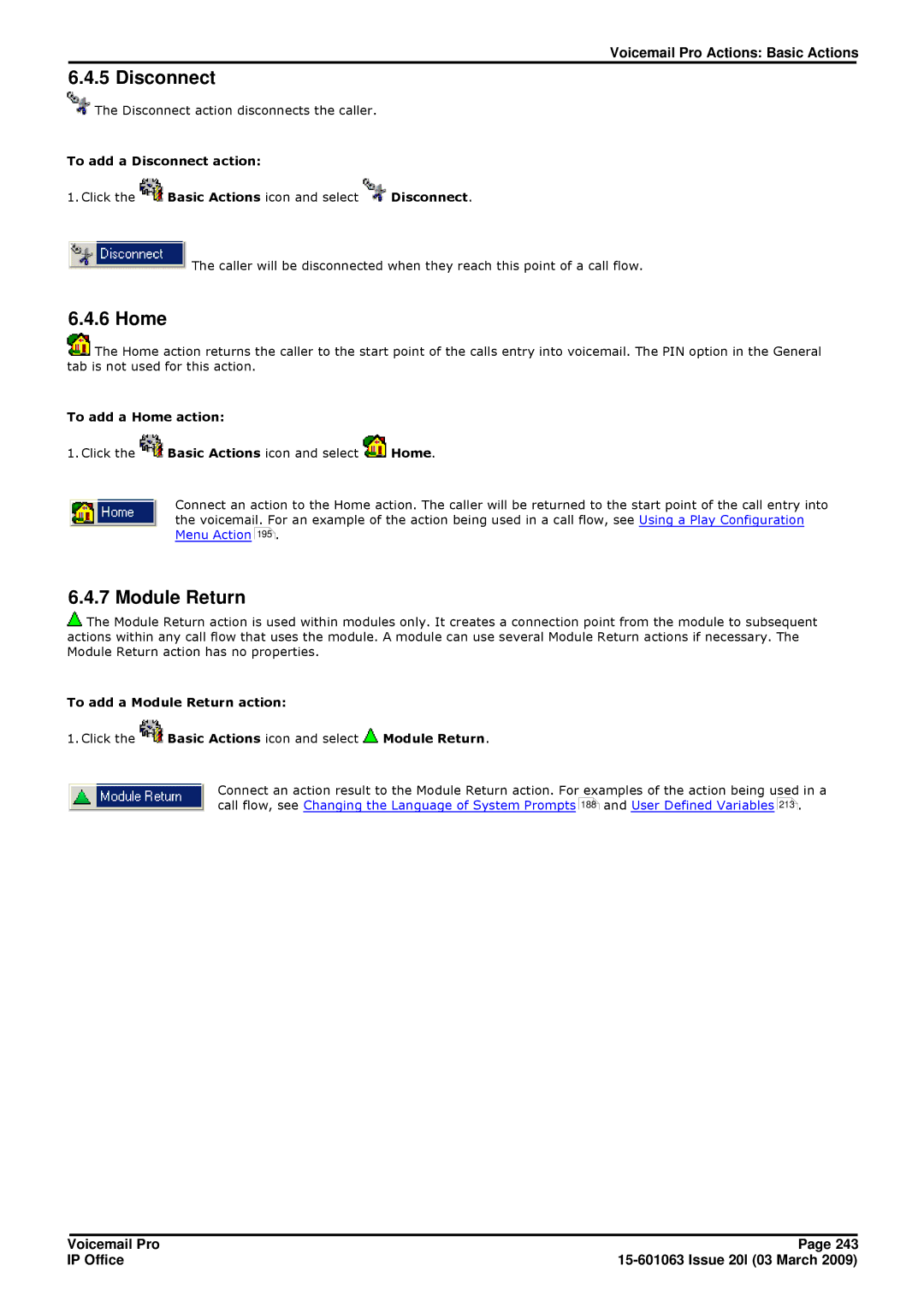 Avaya 15-601063 manual Module Return, To add a Disconnect action, To add a Home action 