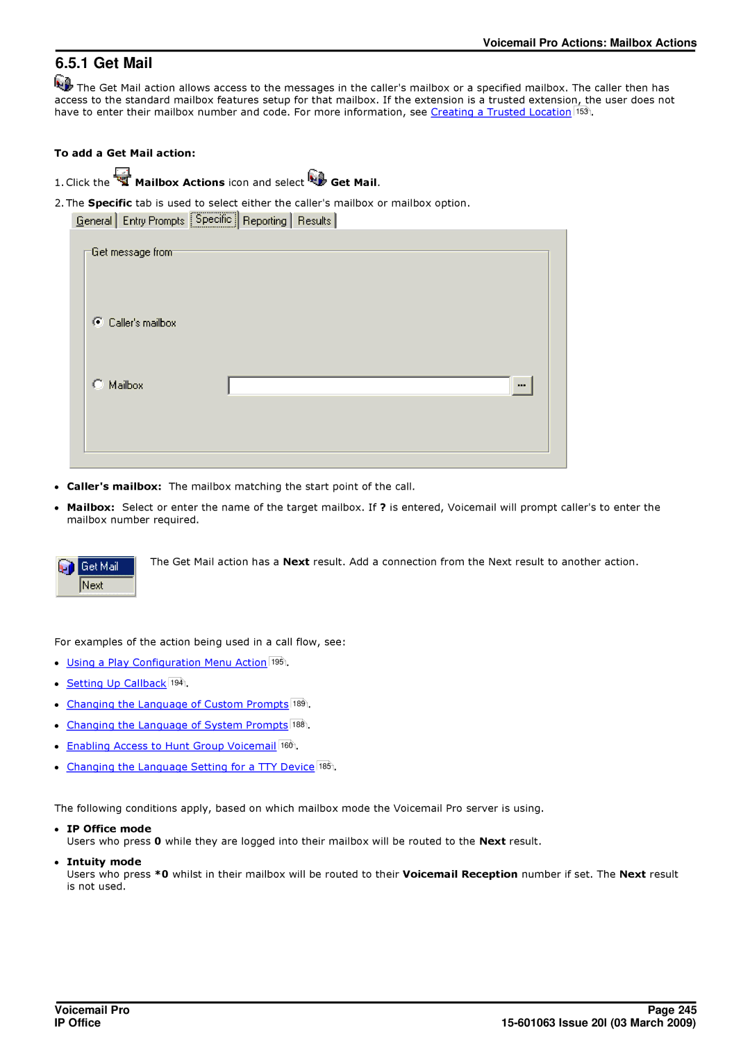 Avaya 15-601063 manual To add a Get Mail action, ∙ IP Office mode, ∙ Intuity mode 