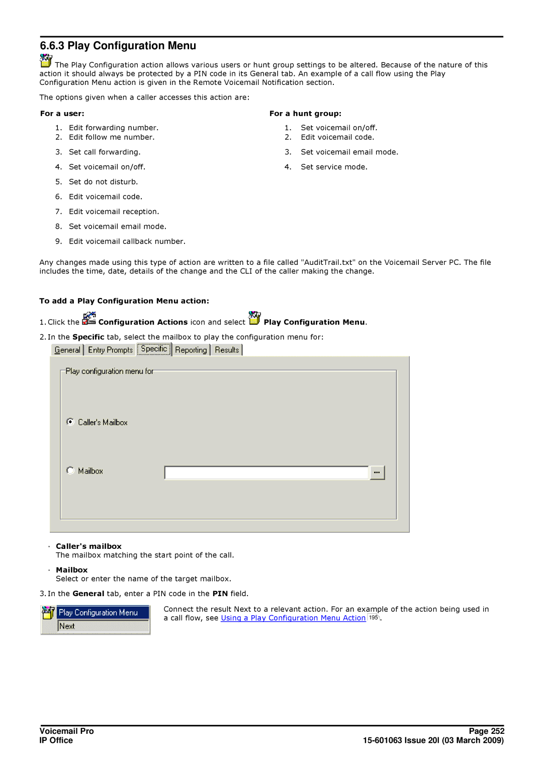 Avaya 15-601063 manual Play Configuration Menu, For a user For a hunt group 