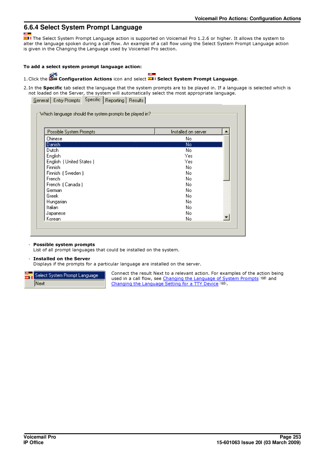 Avaya 15-601063 manual Select System Prompt Language, · Possible system prompts, · Installed on the Server 