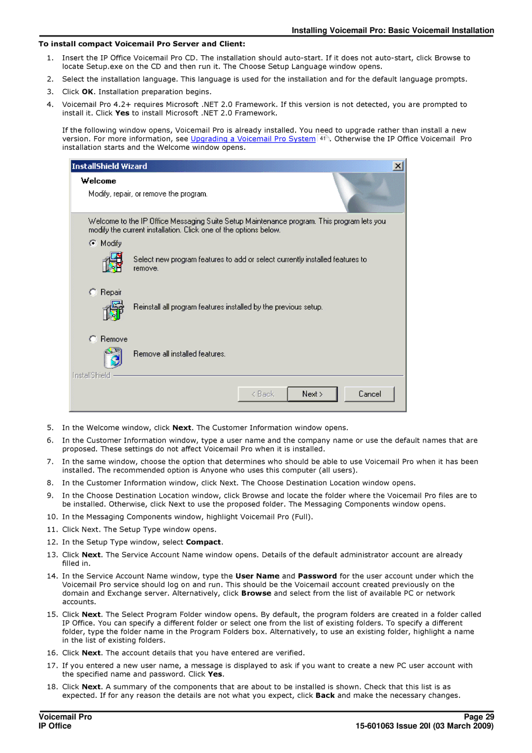 Avaya 15-601063 Installing Voicemail Pro Basic Voicemail Installation, To install compact Voicemail Pro Server and Client 