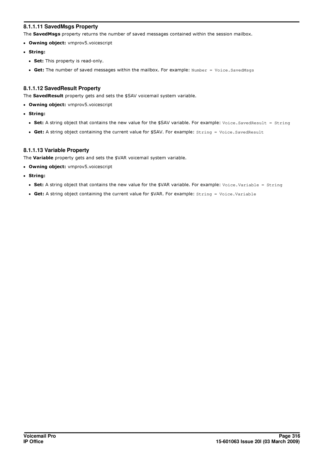 Avaya 15-601063 manual SavedMsgs Property, SavedResult Property, Variable Property 