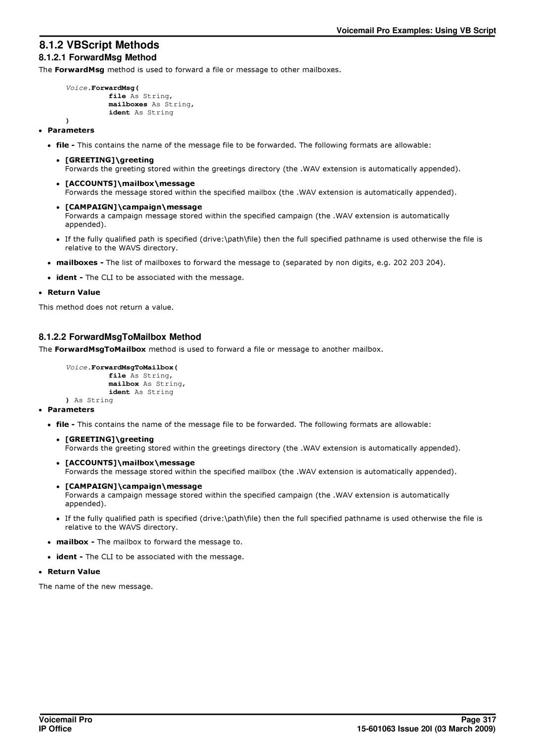 Avaya 15-601063 manual VBScript Methods, ForwardMsg Method, ForwardMsgToMailbox Method 