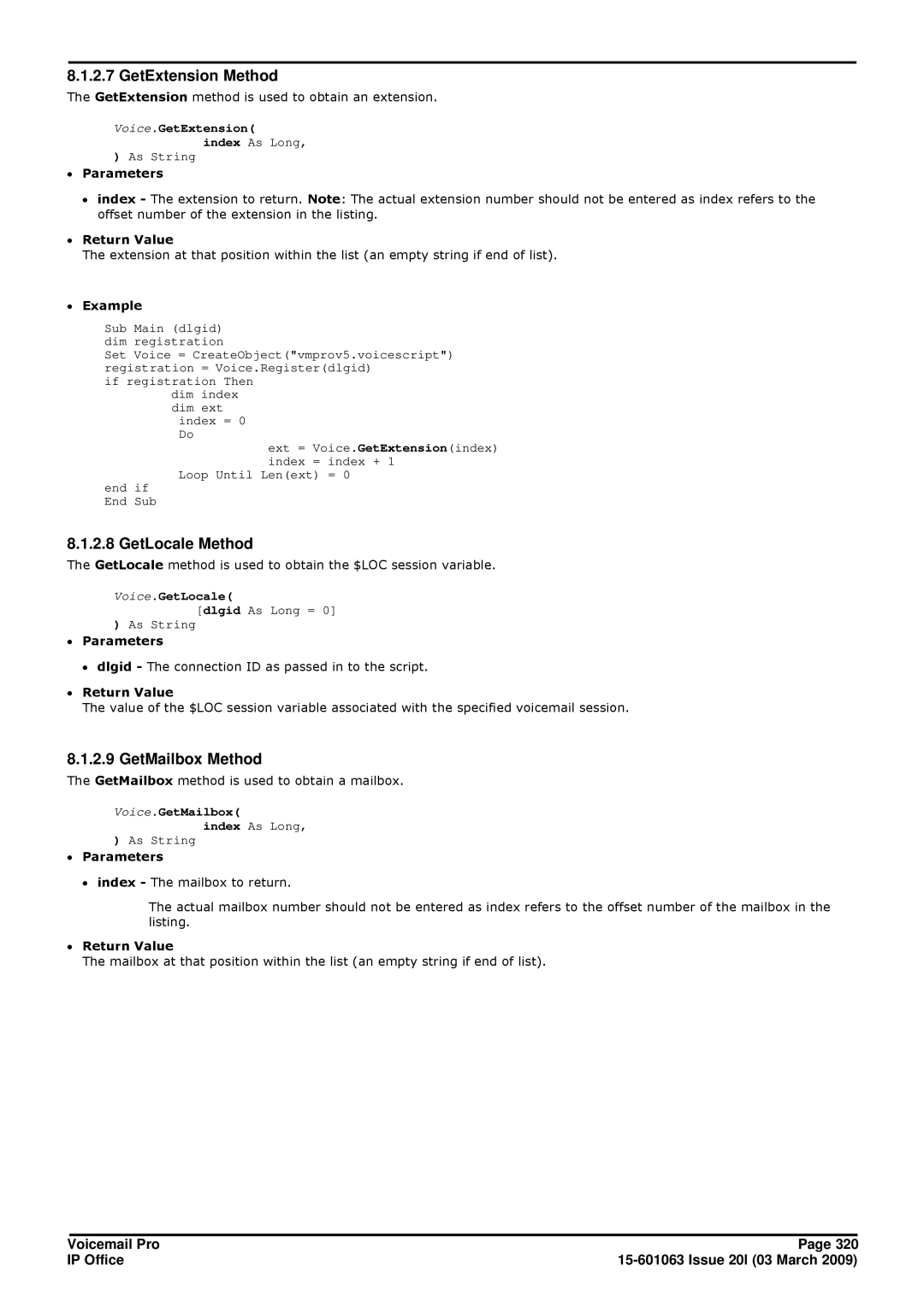 Avaya 15-601063 manual GetExtension Method, GetLocale Method, GetMailbox Method 