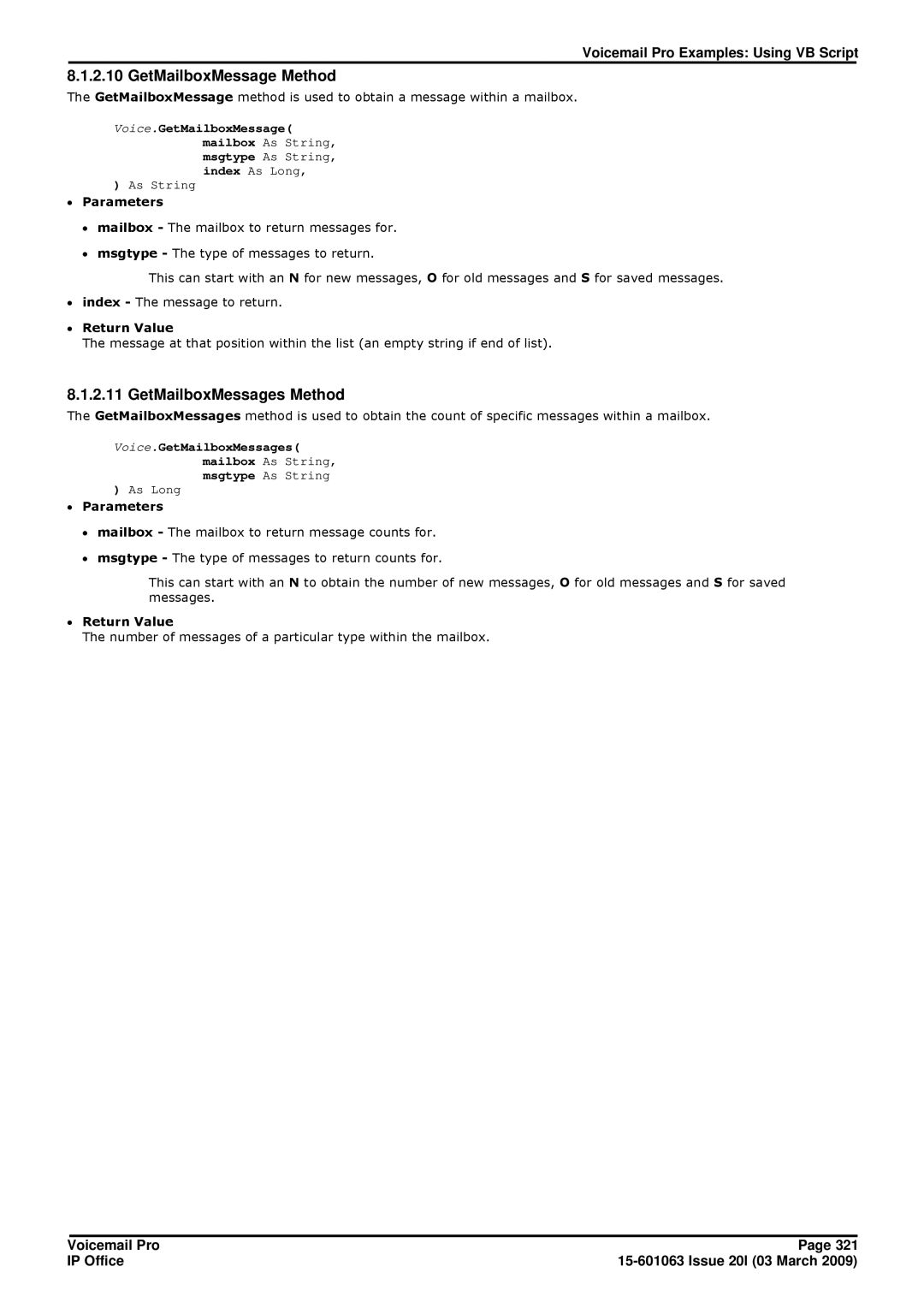 Avaya 15-601063 manual GetMailboxMessage Method, GetMailboxMessages Method 