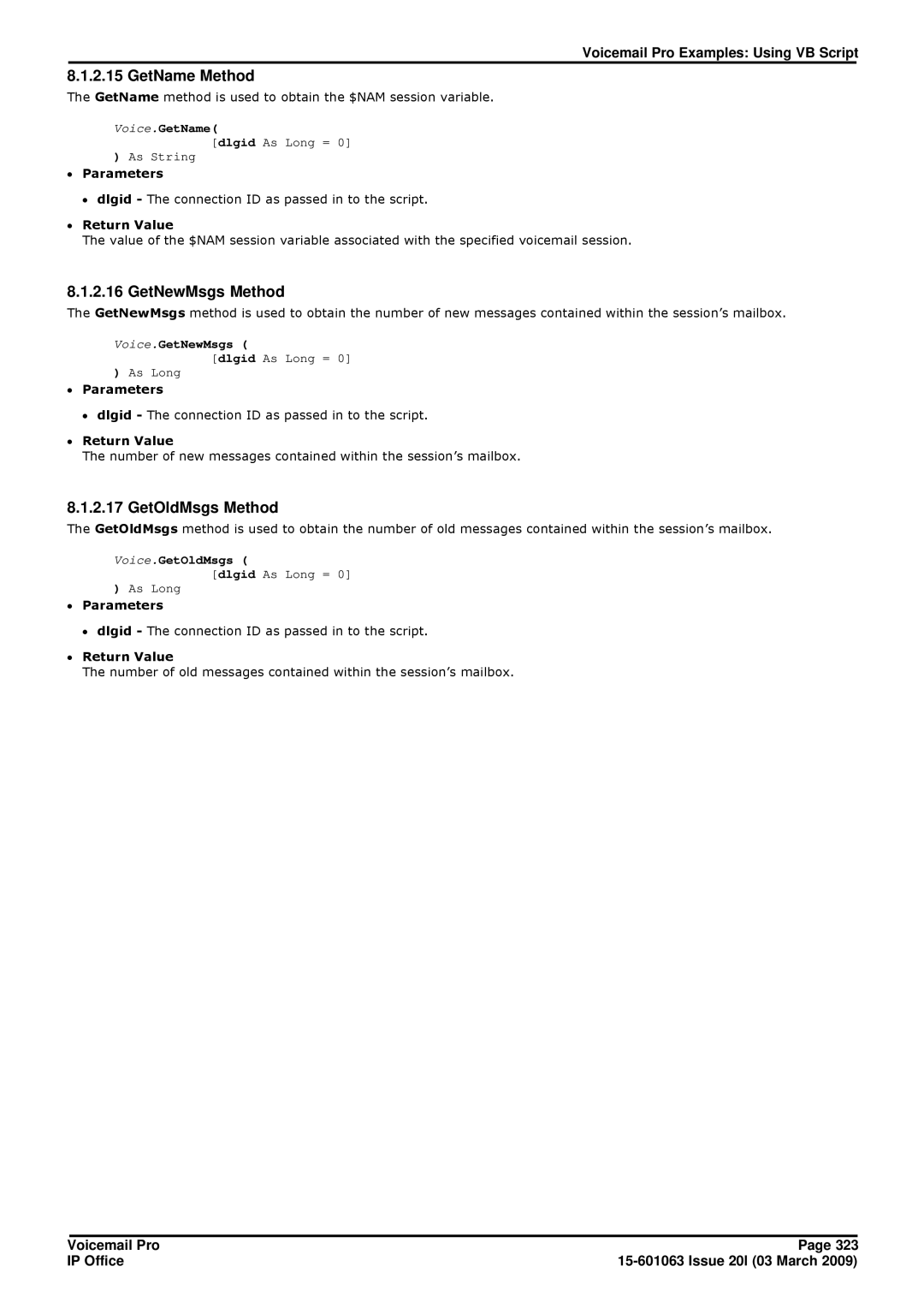 Avaya 15-601063 manual GetName Method, GetNewMsgs Method, GetOldMsgs Method 