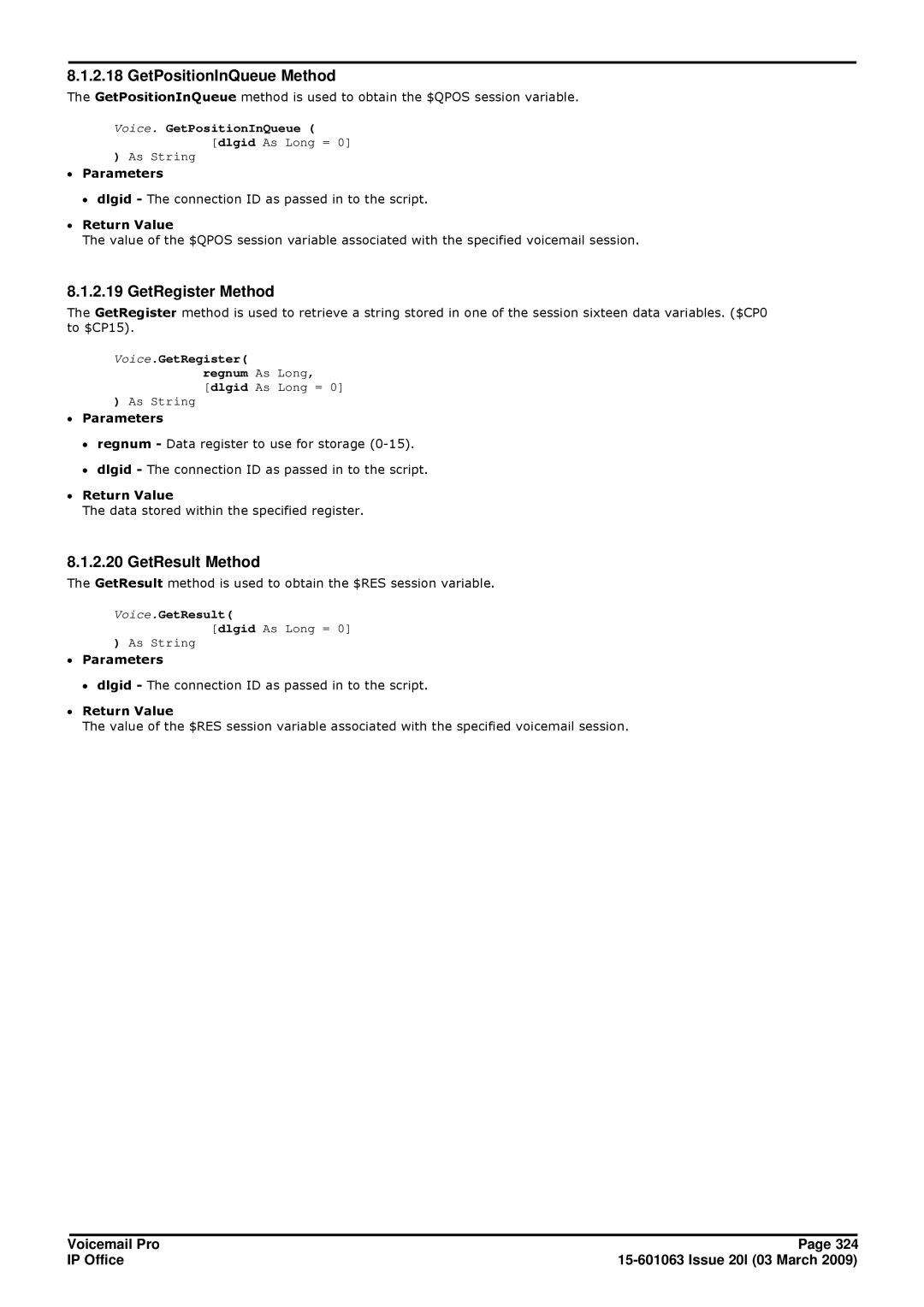 Avaya 15-601063 manual GetPositionInQueue Method, GetRegister Method, GetResult Method 