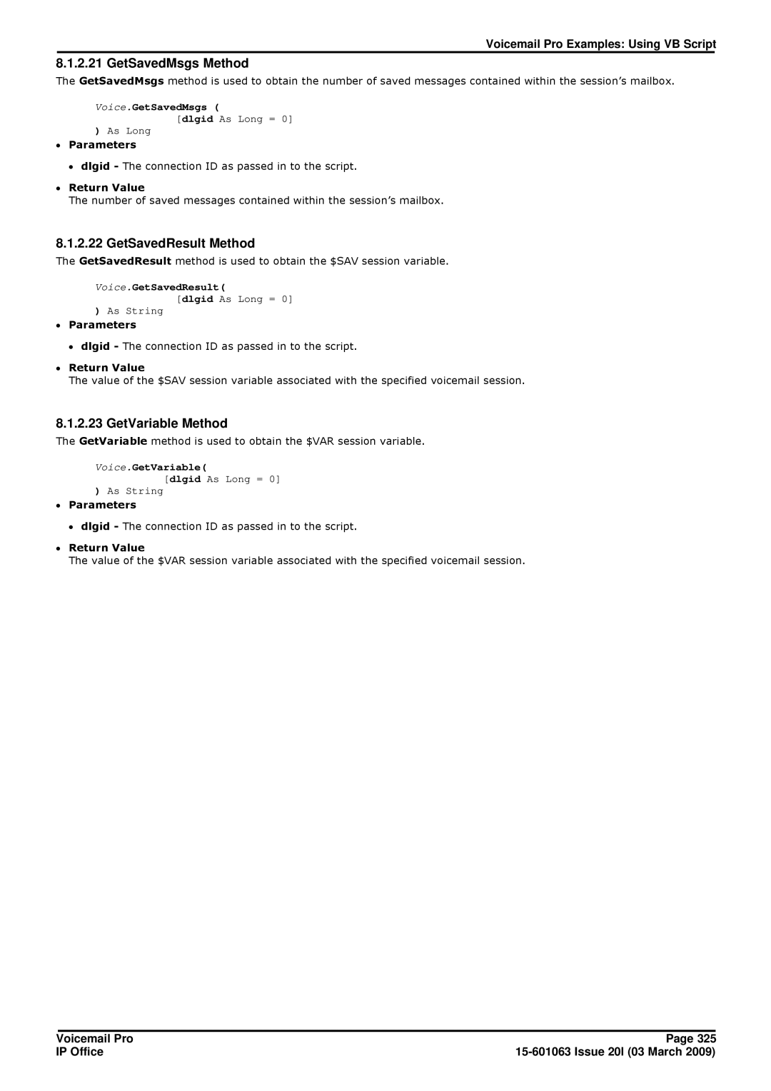 Avaya 15-601063 manual GetSavedMsgs Method, GetSavedResult Method, GetVariable Method 