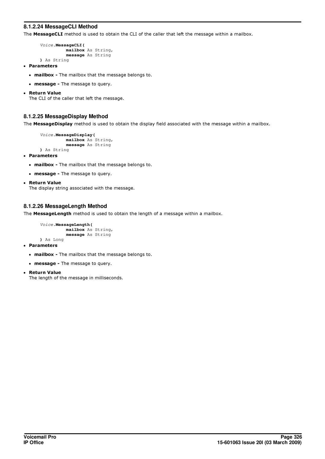 Avaya 15-601063 manual MessageCLI Method, MessageDisplay Method, MessageLength Method 