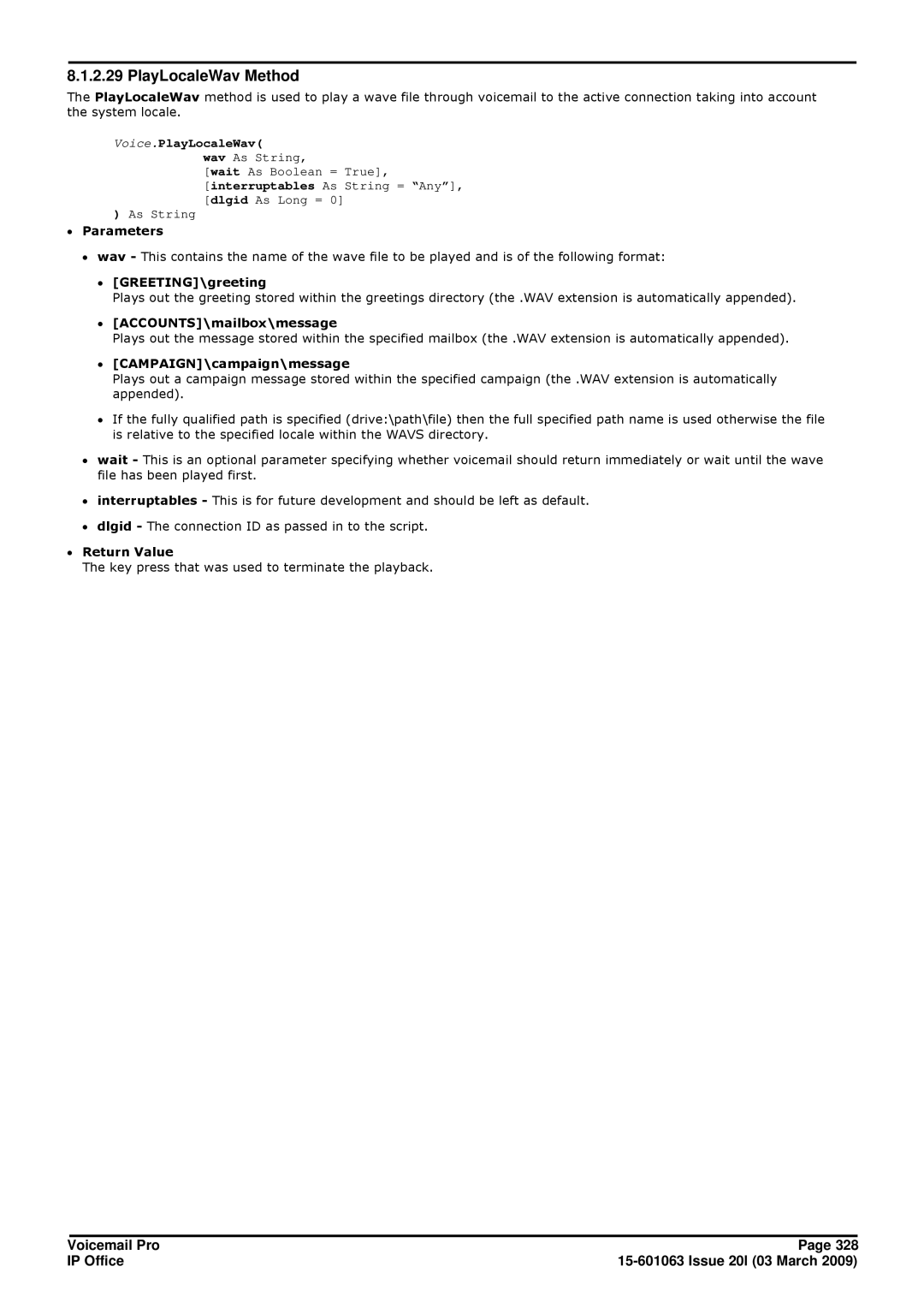 Avaya 15-601063 manual PlayLocaleWav Method, ∙ GREETING\greeting 