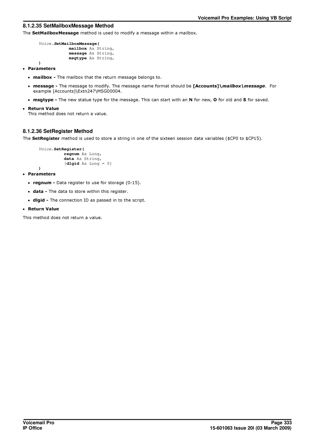 Avaya 15-601063 manual SetMailboxMessage Method, SetRegister Method 