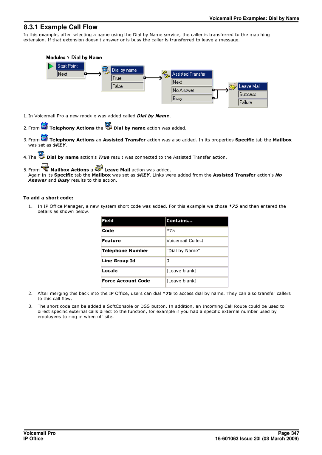 Avaya 15-601063 manual From Telephony Actions the Dial by name action was added, To add a short code 