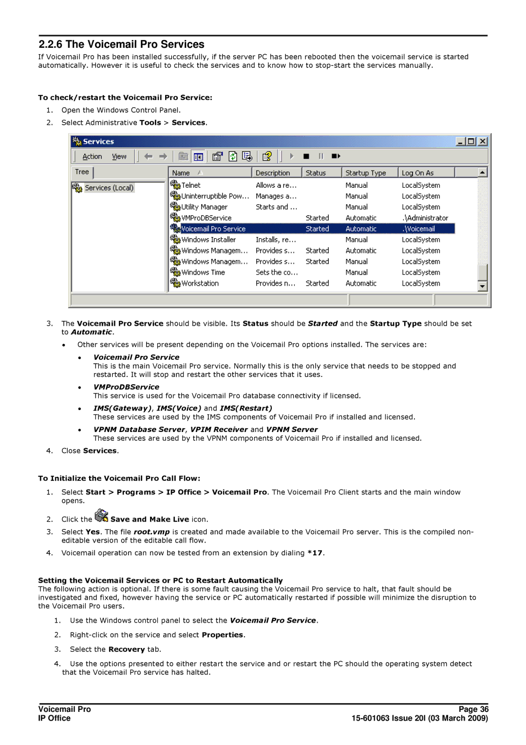 Avaya 15-601063 Voicemail Pro Services, To check/restart the Voicemail Pro Service, Click the Save and Make Live icon 