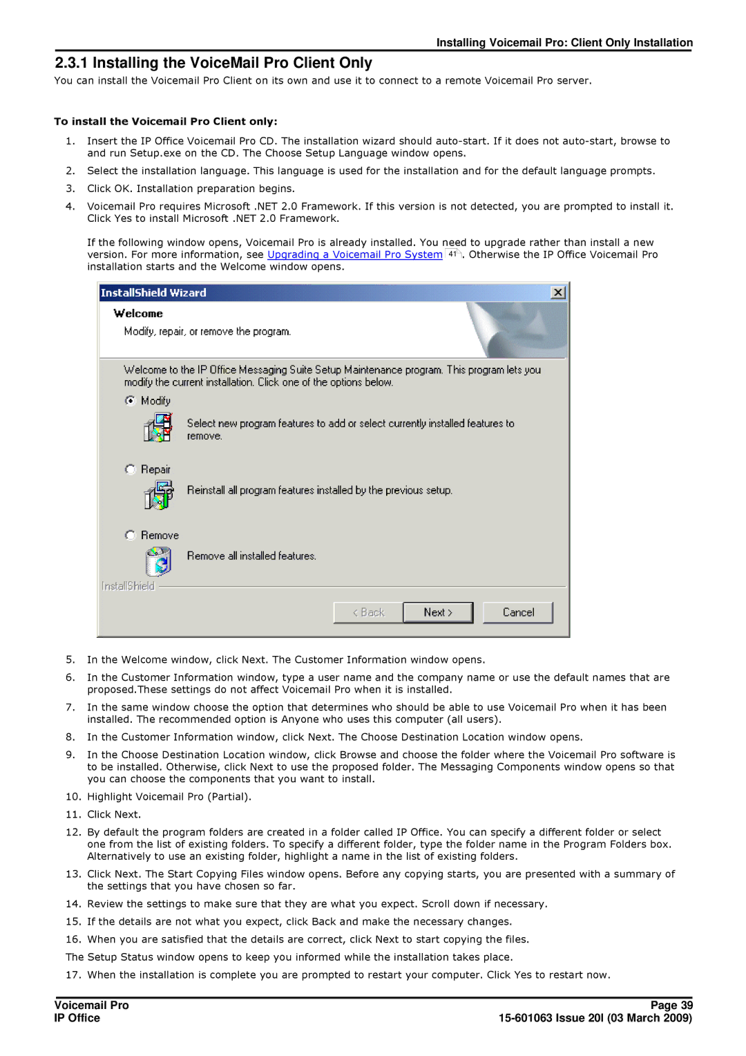 Avaya 15-601063 manual Installing the VoiceMail Pro Client Only, To install the Voicemail Pro Client only 