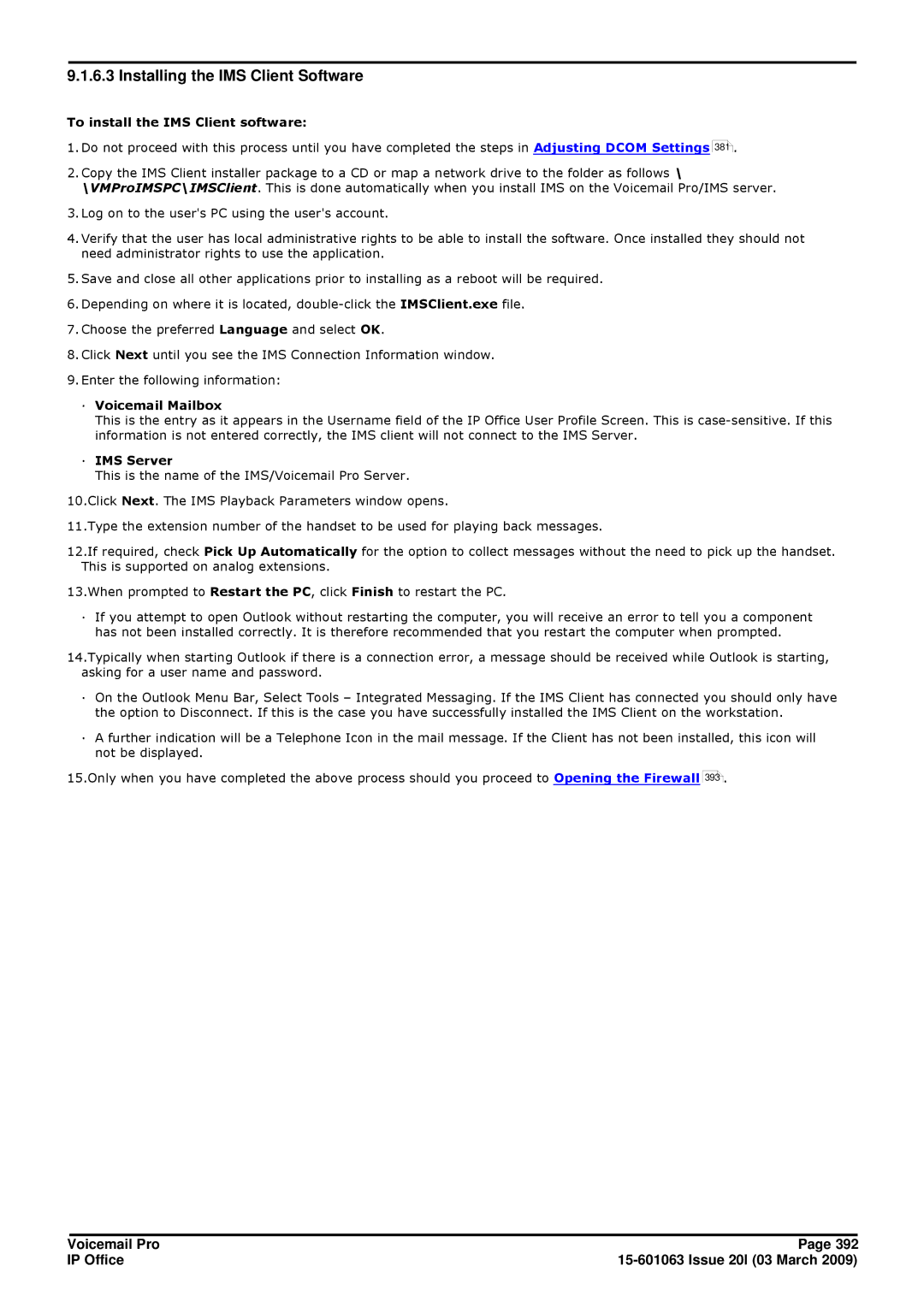 Avaya 15-601063 Installing the IMS Client Software, To install the IMS Client software, · Voicemail Mailbox, · IMS Server 