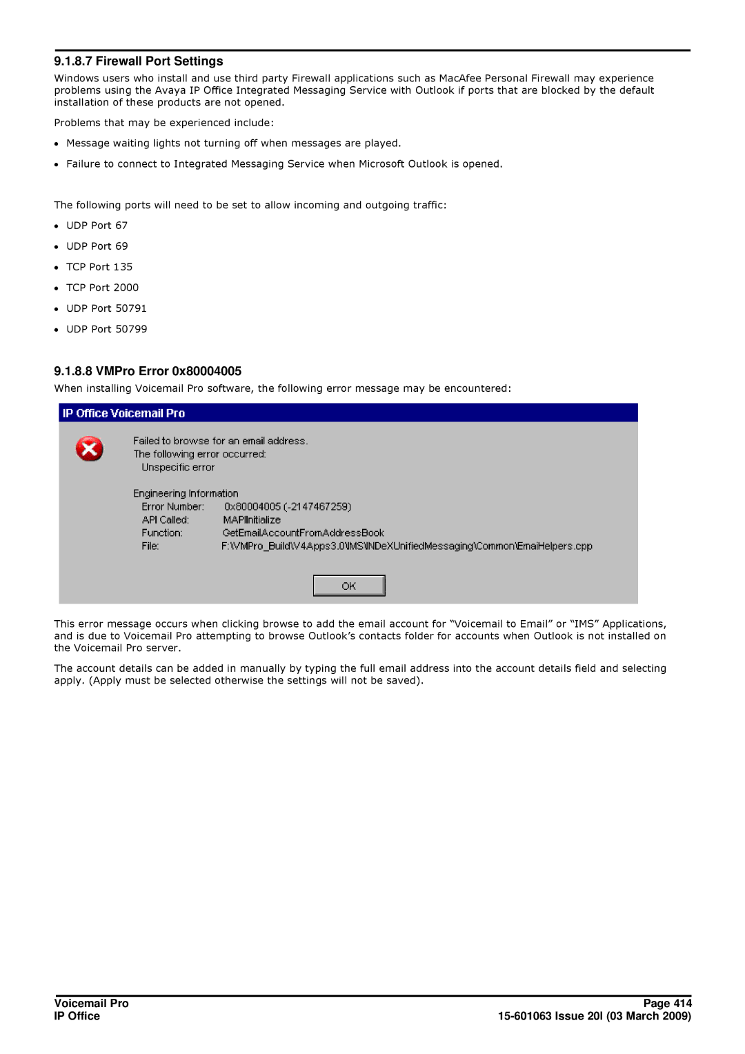 Avaya 15-601063 manual Firewall Port Settings, VMPro Error 