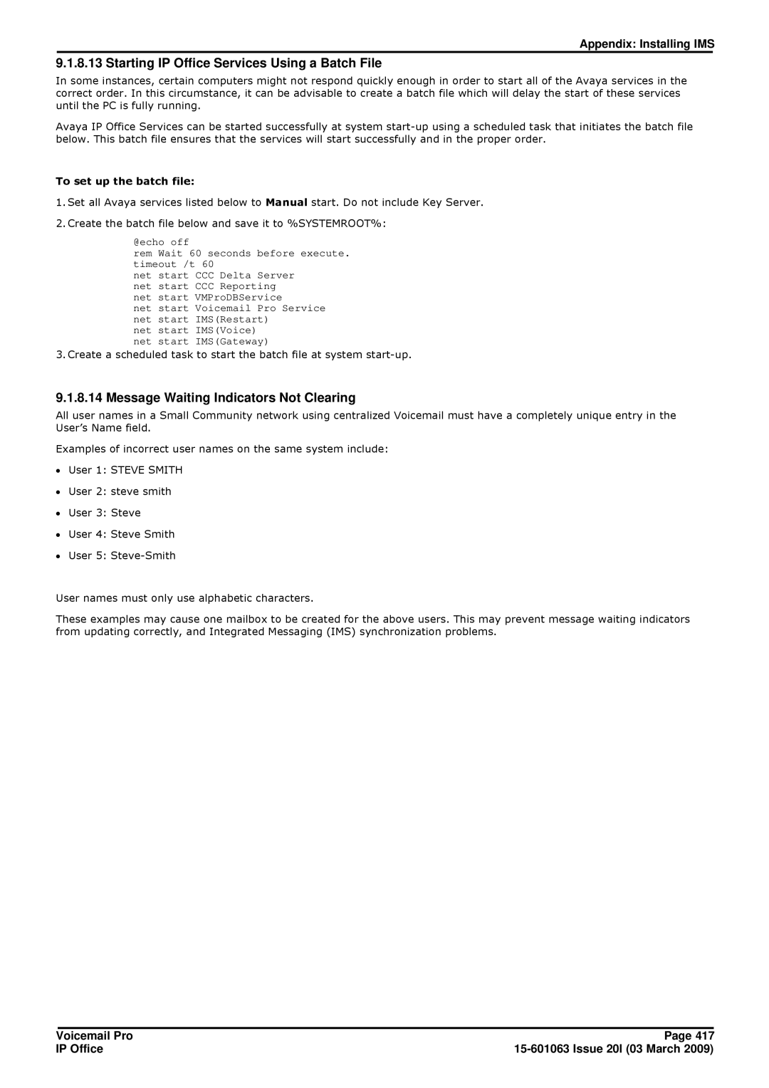 Avaya 15-601063 manual Starting IP Office Services Using a Batch File, Message Waiting Indicators Not Clearing 